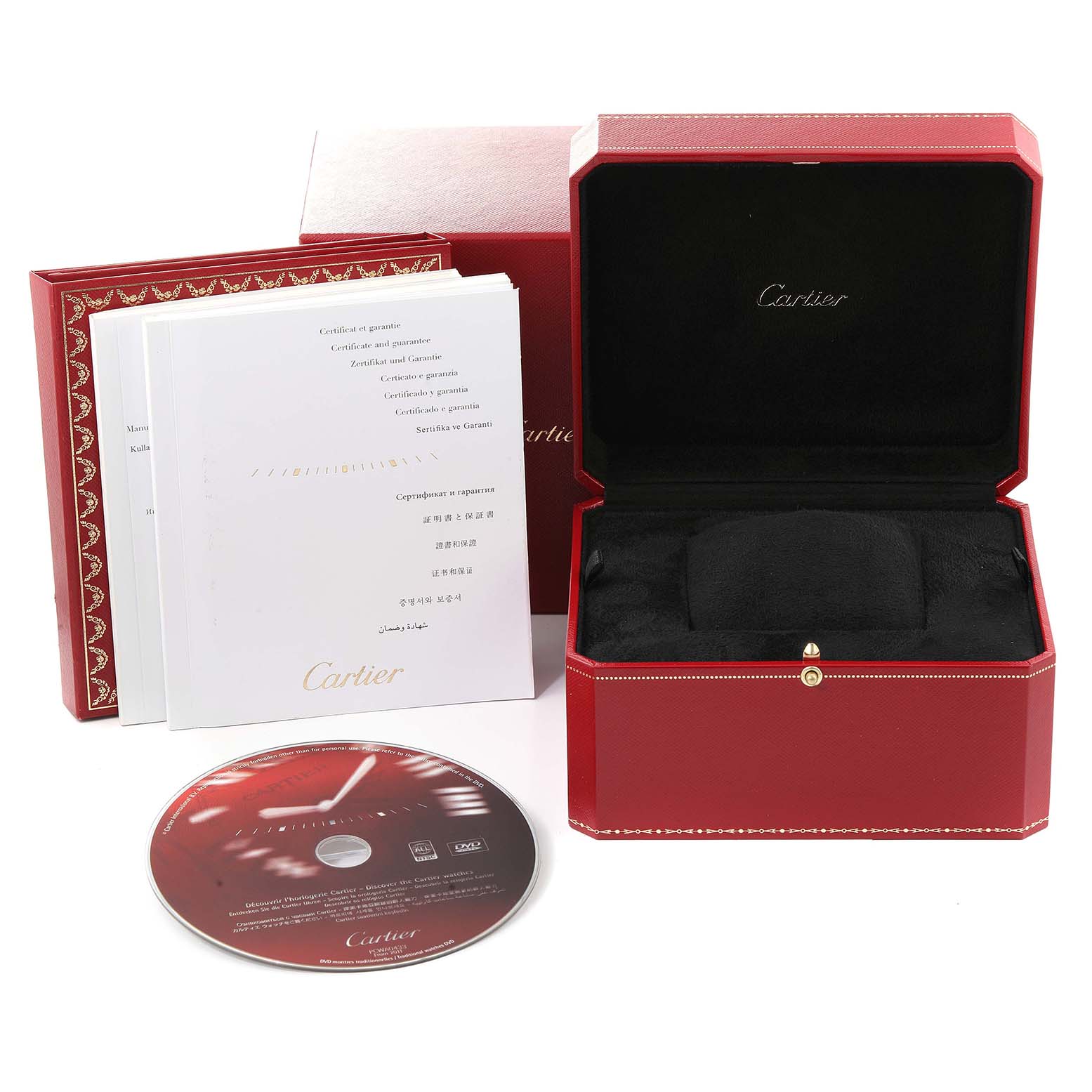 The image shows the packaging, certificate, and a CD for the Cartier Tank Solo W5200004 Men's Yellow Gold Silver Dial W5200004 Men's Yellow Gold Silver Dial watch, including an open box with a pillow inside.