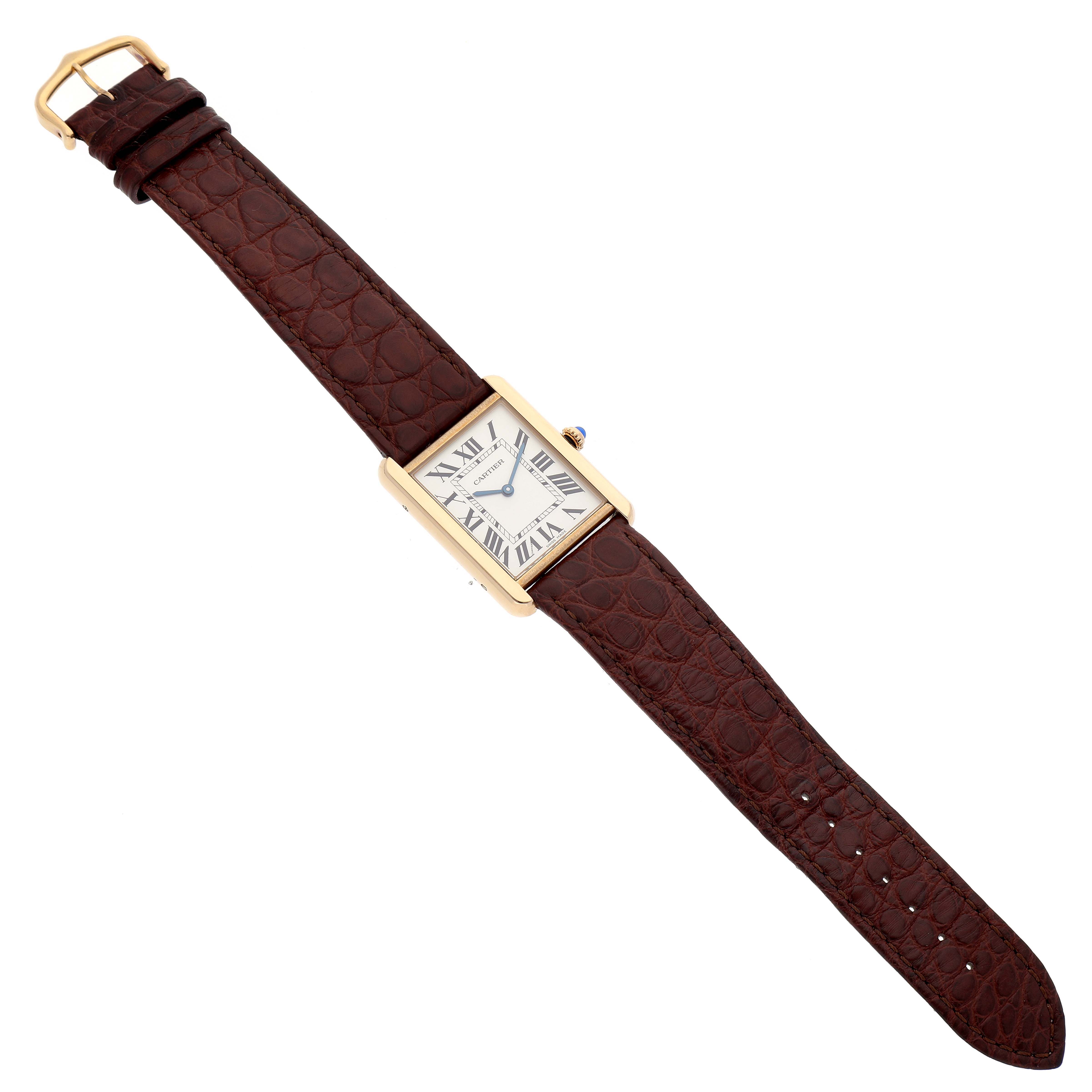 The image shows a top-down view of the Cartier Tank Solo W5200004 Men's Yellow Gold Silver Dial W5200004 Men's Yellow Gold Silver Dial watch, displaying its face, case, and full leather strap.