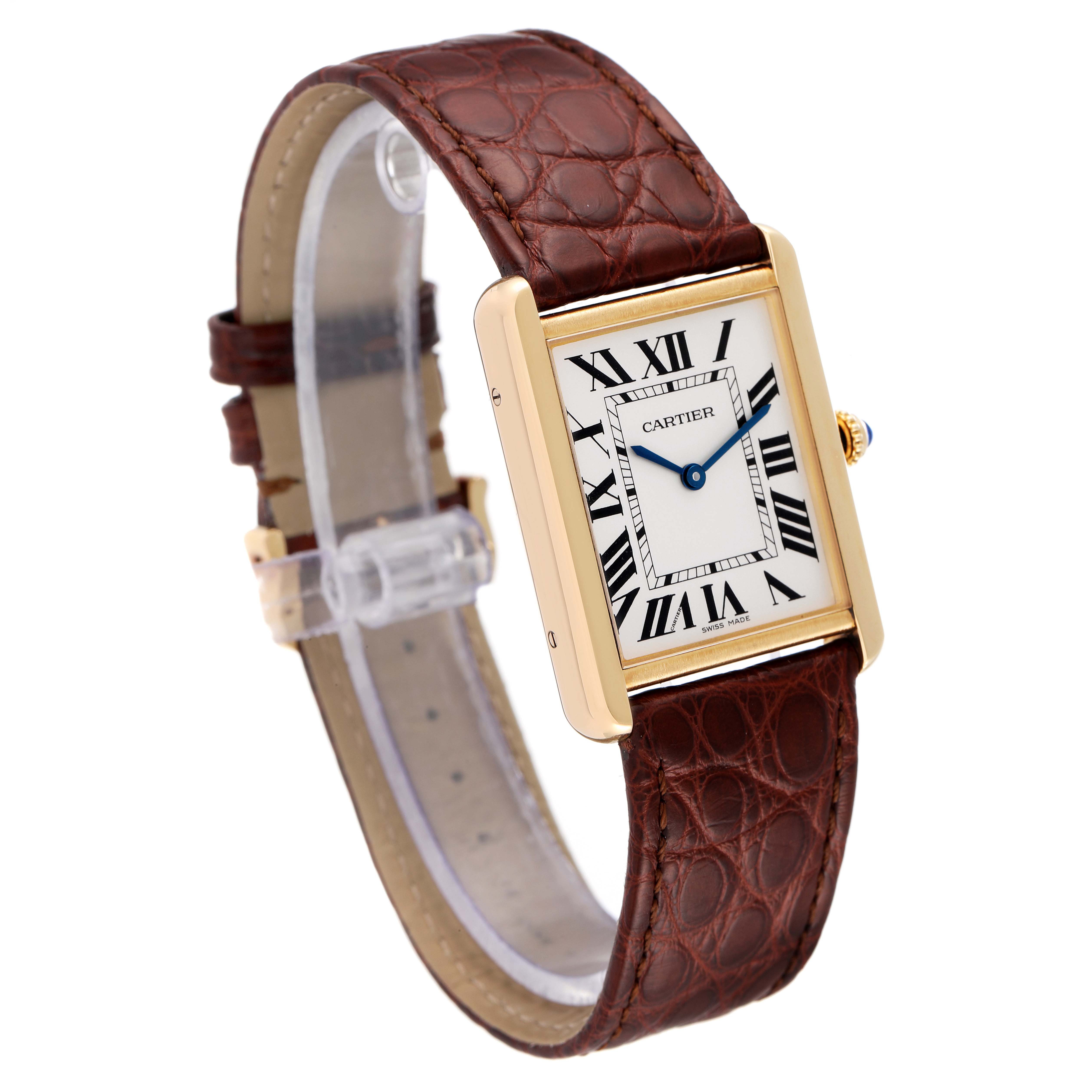 The image shows a Tank Solo Cartier watch at an angled view, highlighting its rectangular case, Roman numeral dial, and brown leather strap.