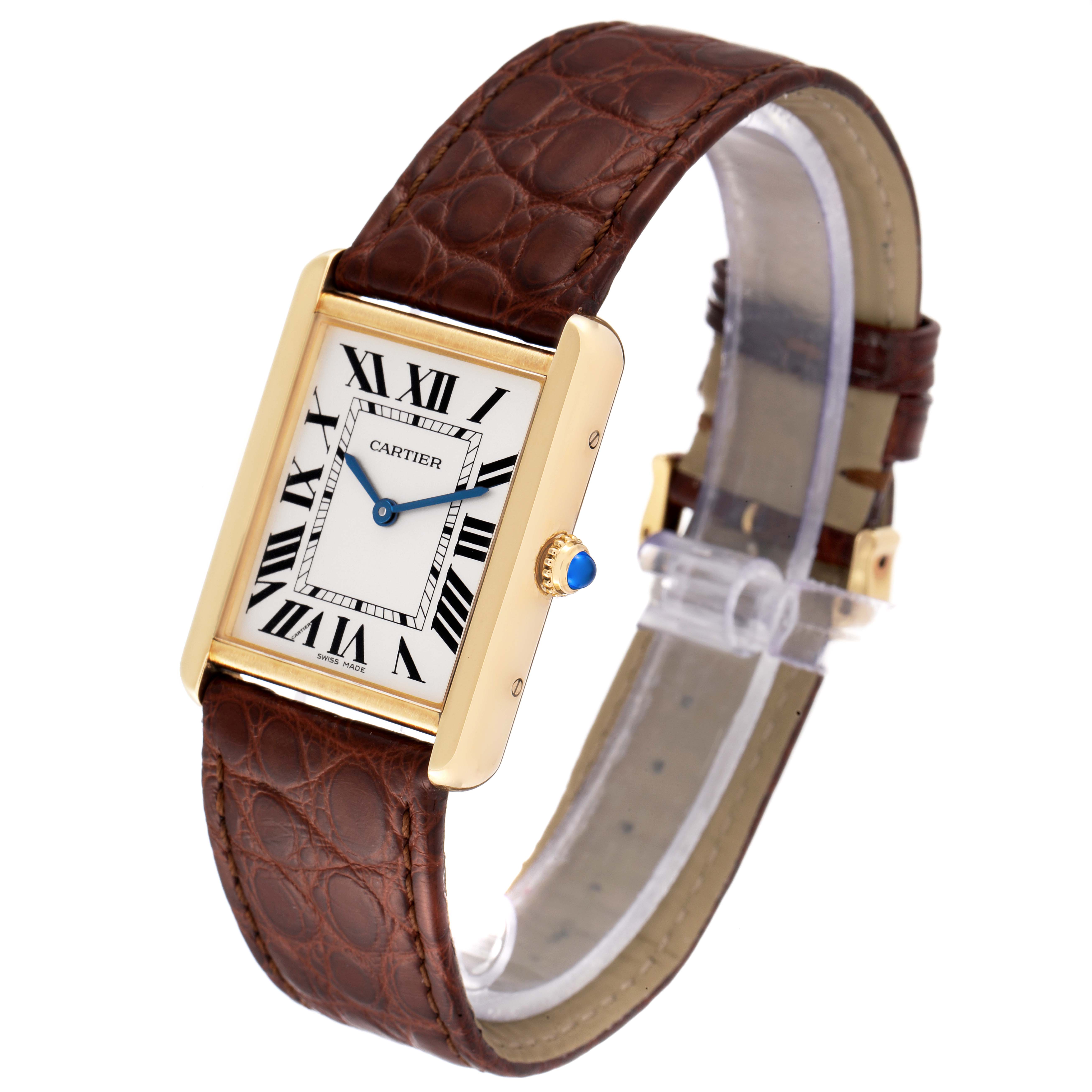 This Cartier Tank Solo W5200004 Men's Yellow Gold Silver Dial W5200004 Men's Yellow Gold Silver Dial watch is shown at an angled view, highlighting its rectangular dial, brown leather strap, and crown.
