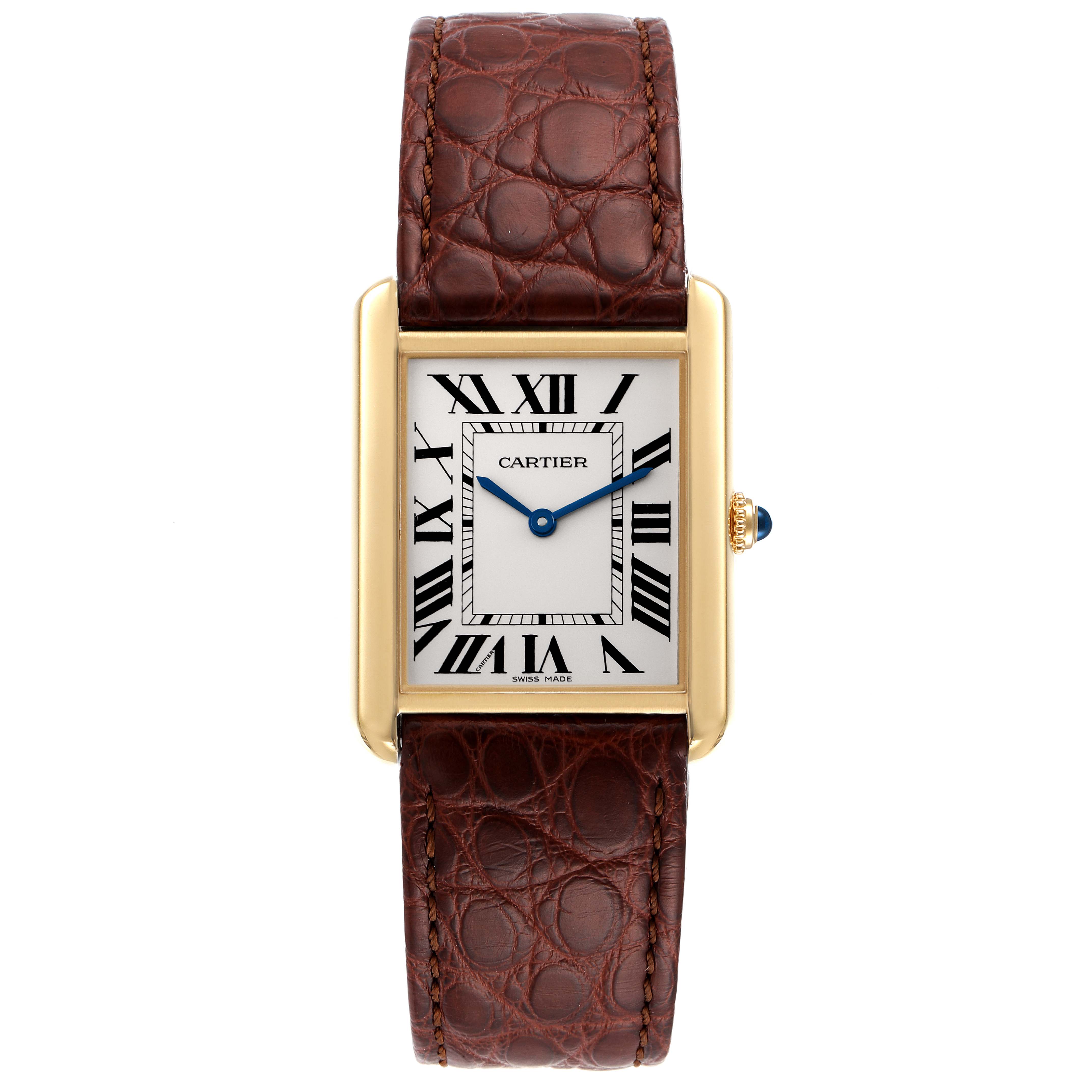 The image shows a frontal view of the Cartier Tank Solo W5200004 Men's Yellow Gold Silver Dial W5200004 Men's Yellow Gold Silver Dial watch with a brown leather strap.