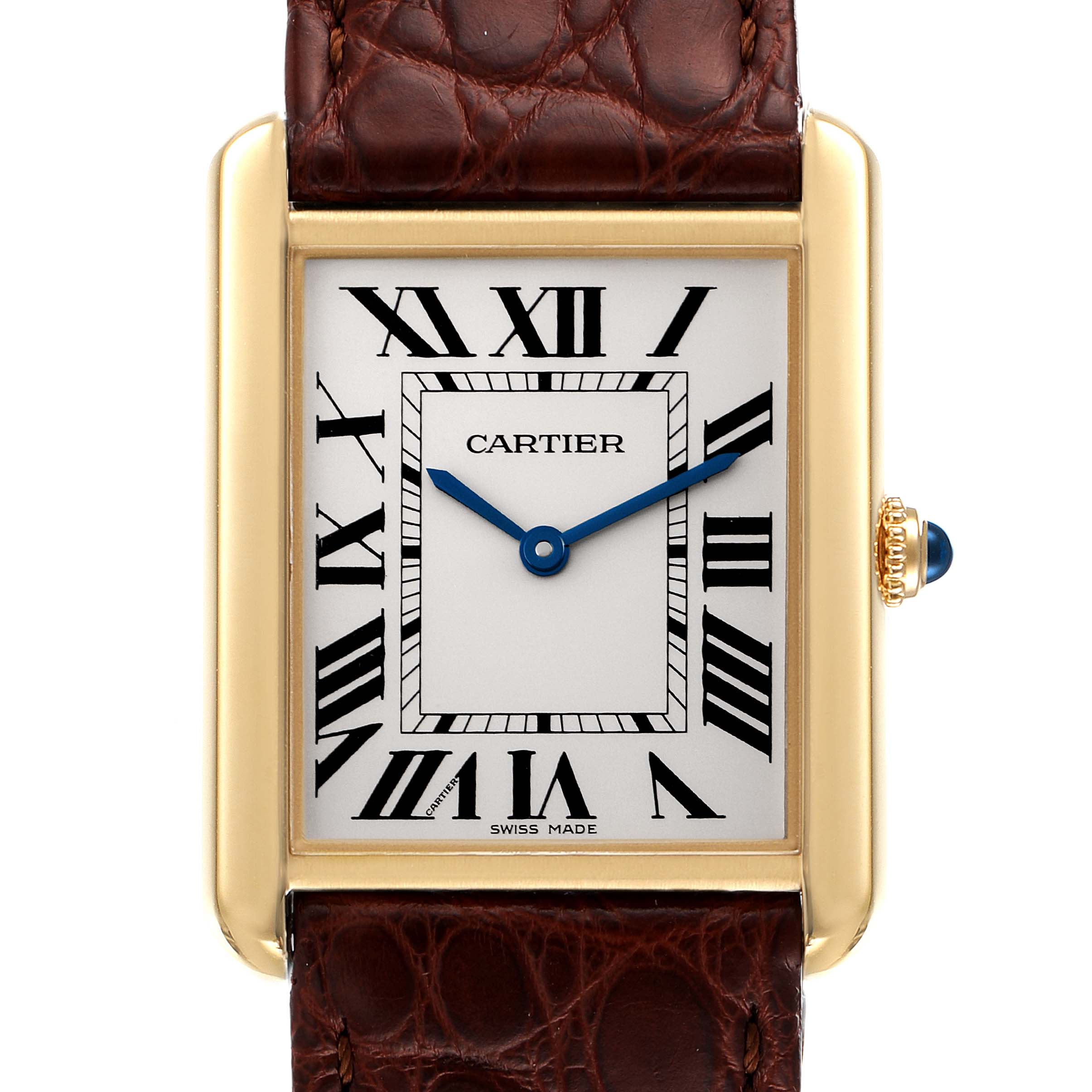 The image shows a close-up of the Cartier Tank Solo W5200004 Men's Yellow Gold Silver Dial W5200004 Men's Yellow Gold Silver Dial watch, highlighting its face, Roman numerals, blue hands, and brown leather strap.