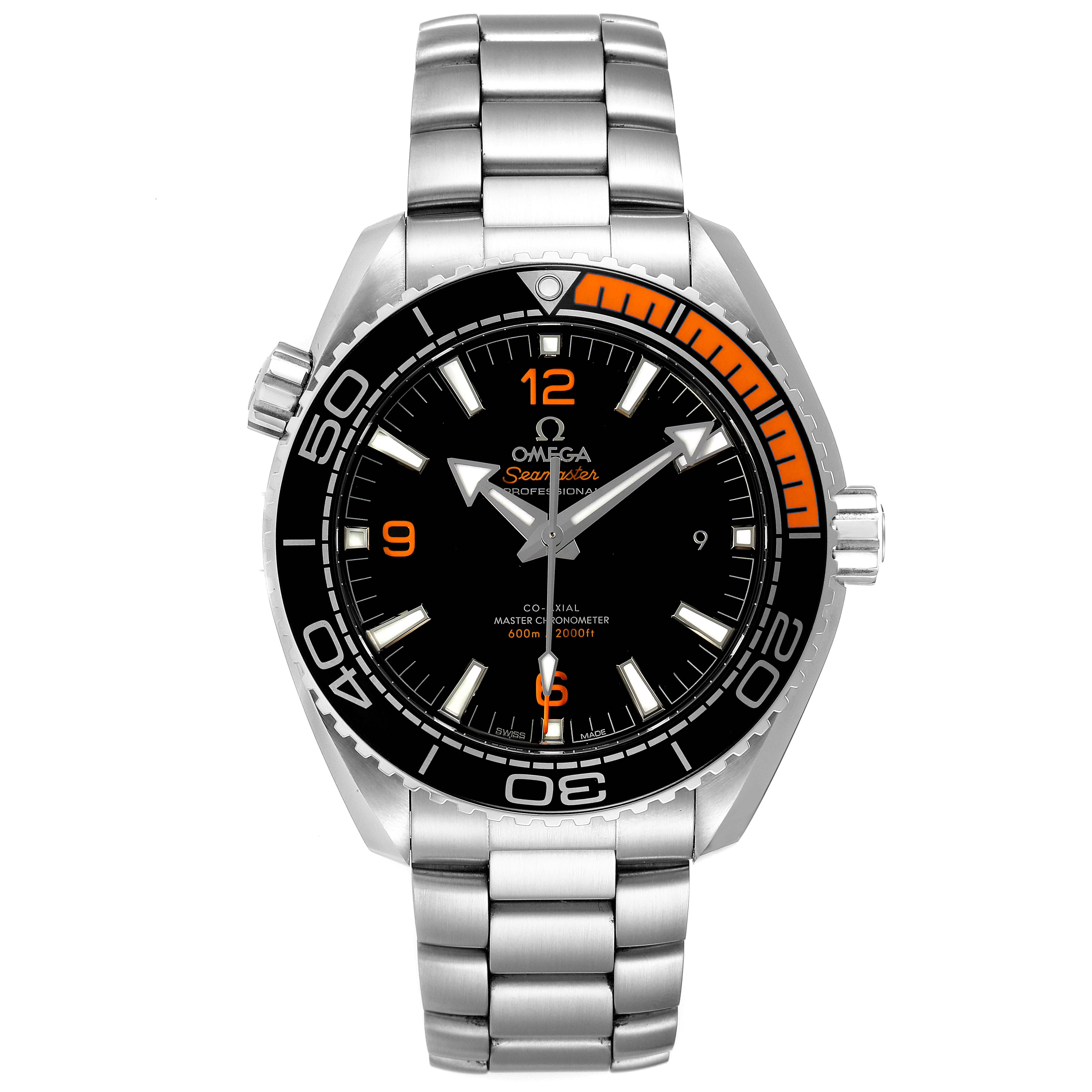 The image shows a front view of the Omega Planet Ocean 215.30.44.21.01.002 Men's Stainless Steel Black Dial 215.30.44.21.01.002 Men's Stainless Steel Black Dial model watch, highlighting the dial, bezel, and metal bracelet.