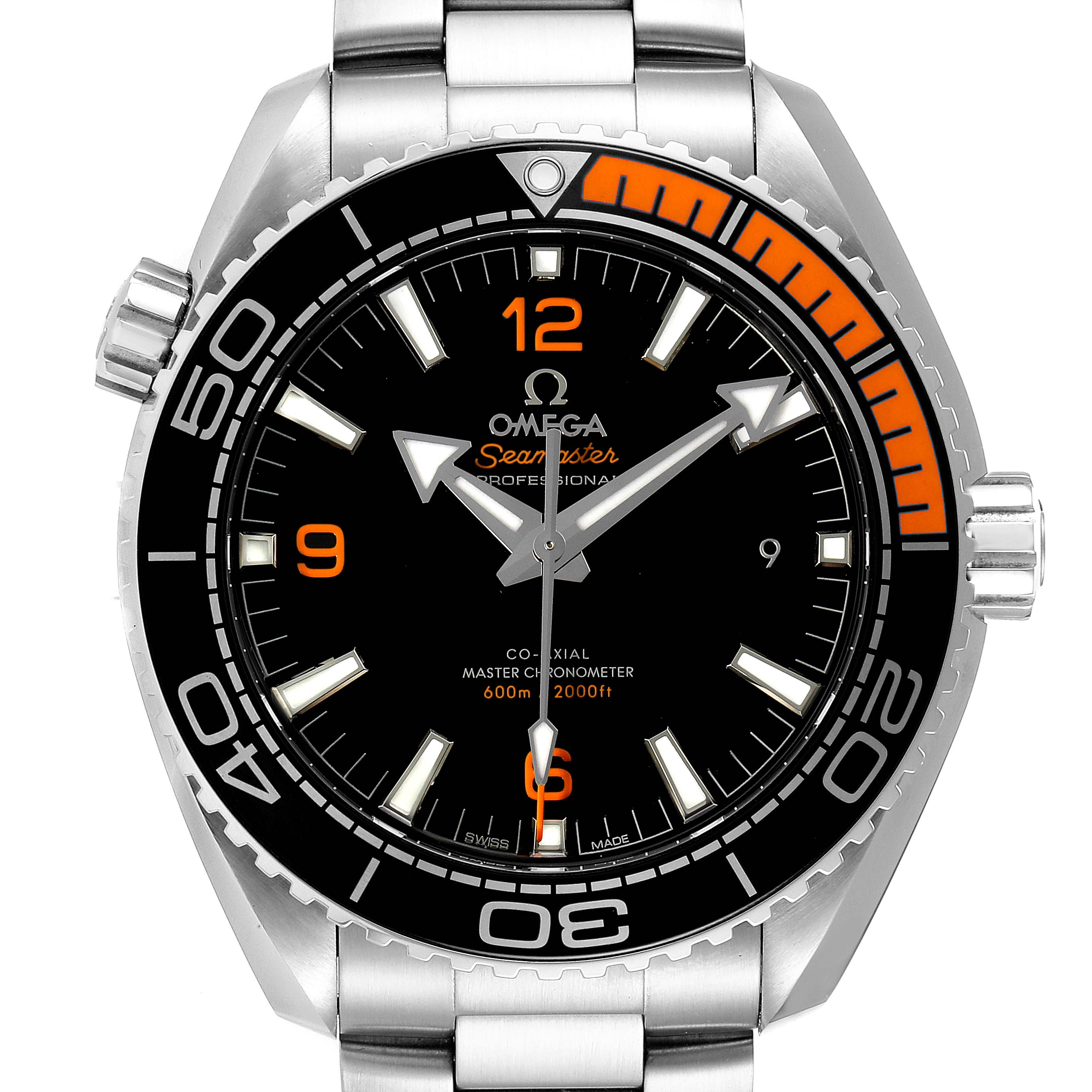 This image shows a front view of the Omega Planet Ocean 215.30.44.21.01.002 Men's Stainless Steel Black Dial 215.30.44.21.01.002 Men's Stainless Steel Black Dial Seamaster model, displaying the dial, bezel, hands, and bracelet.