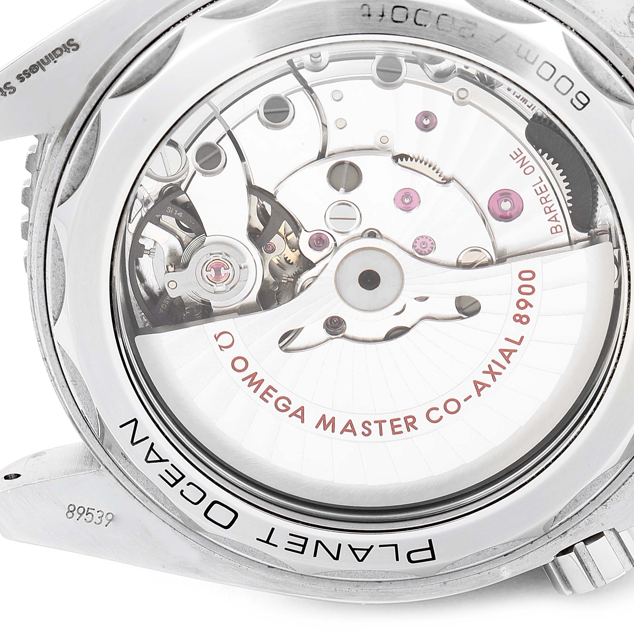 This image shows the back of the Omega Planet Ocean 215.30.44.21.01.002 Men's Stainless Steel Black Dial 215.30.44.21.01.002 Men's Stainless Steel Black Dial watch, revealing the Omega Master Co-Axial 8900 movement mechanism.