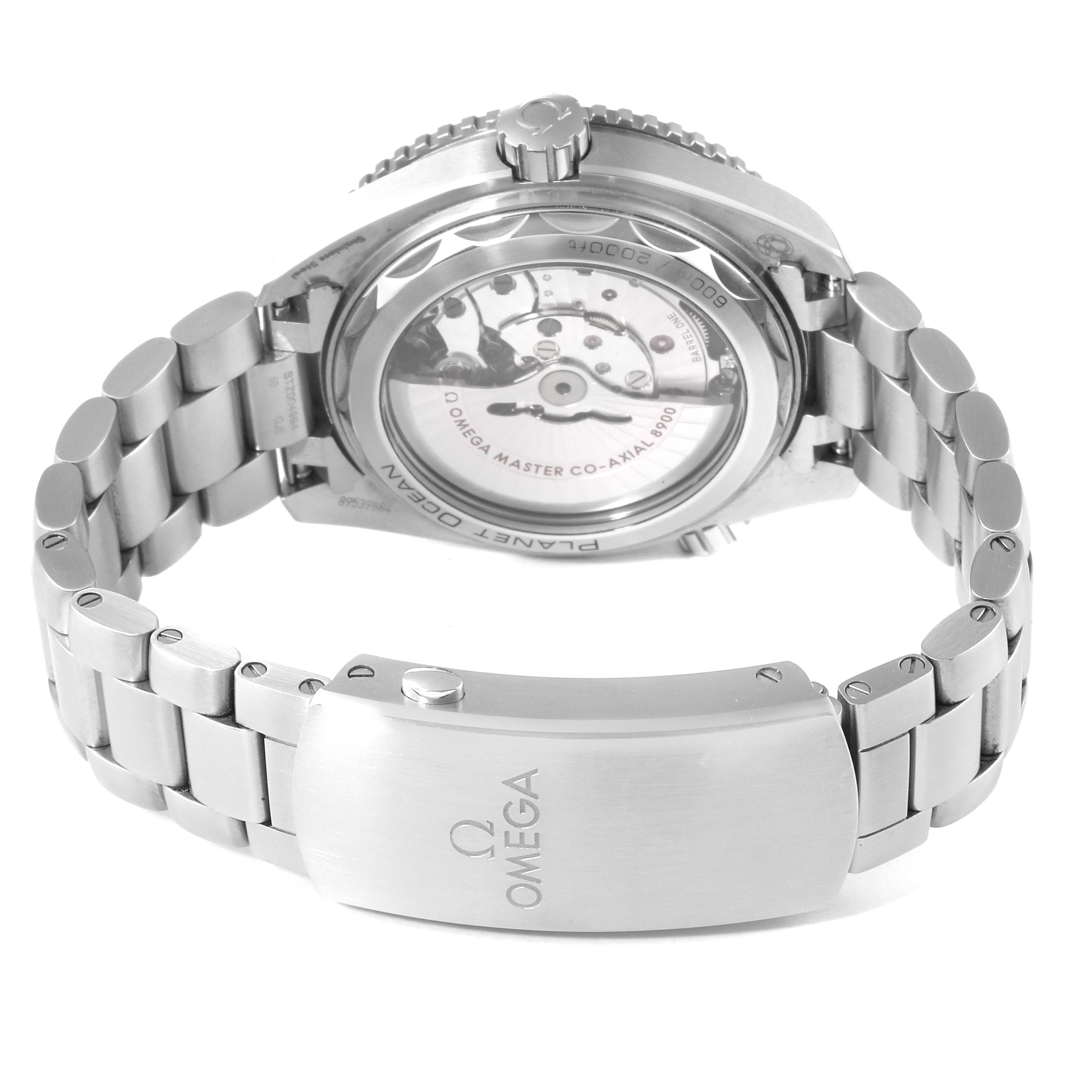 The image shows the back case and metal bracelet of the Omega Planet Ocean 215.30.44.21.01.002 Men's Stainless Steel Black Dial 215.30.44.21.01.002 Men's Stainless Steel Black Dial watch, highlighting the movement and clasp.