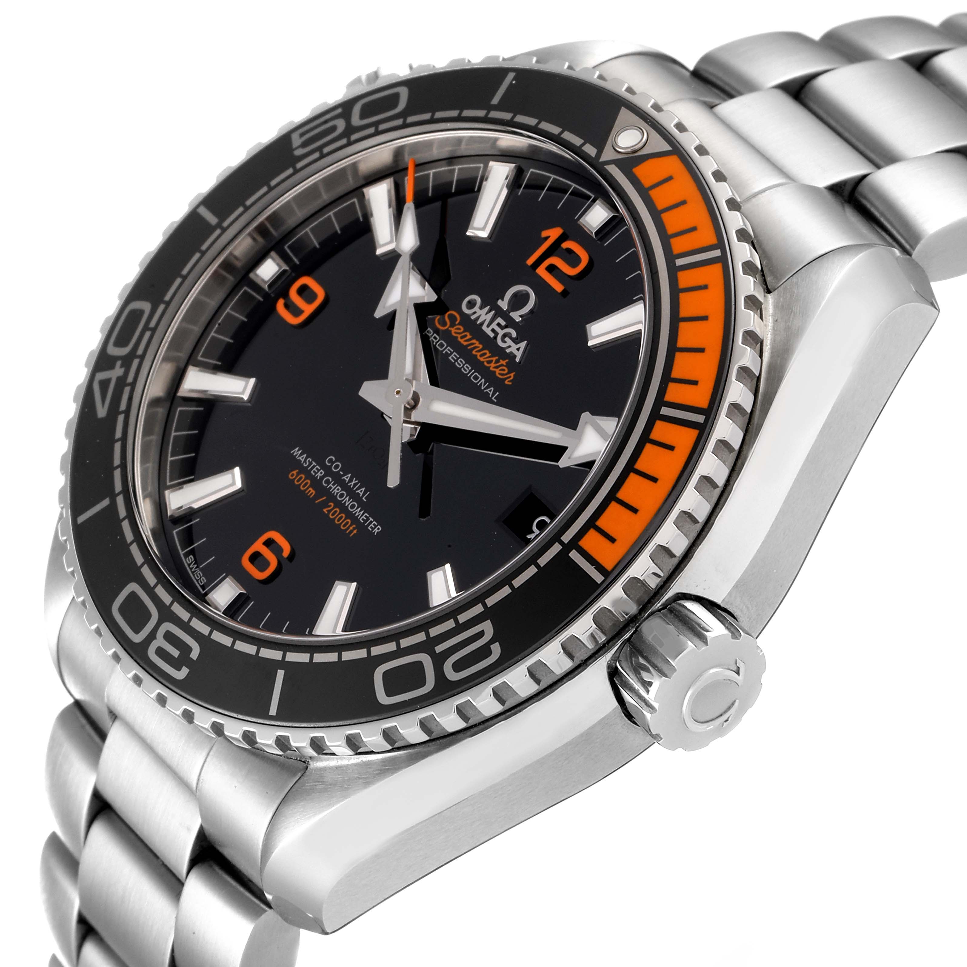 The image shows an angled view of the Omega Planet Ocean 215.30.44.21.01.002 Men's Stainless Steel Black Dial 215.30.44.21.01.002 Men's Stainless Steel Black Dial watch, highlighting the dial, bezel, crown, and part of the bracelet.