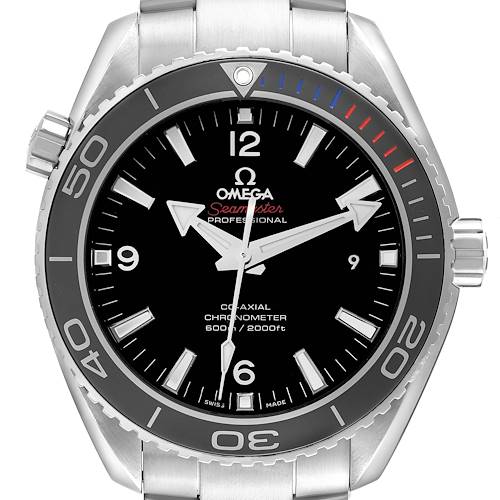 The Omega Planet Ocean watch is shown from a front angle, highlighting the dial, bezel, and part of the bracelet.