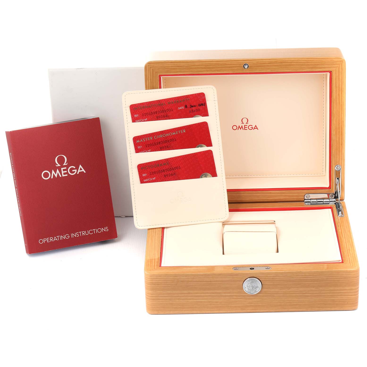 The image displays the packaging, including the box, operating instructions, and warranty cards for the Omega Aqua Terra 220.10.38.20.01.001 Men's Stainless Steel Black Dial 220.10.38.20.01.001 Men's Stainless Steel Black Dial model watch.