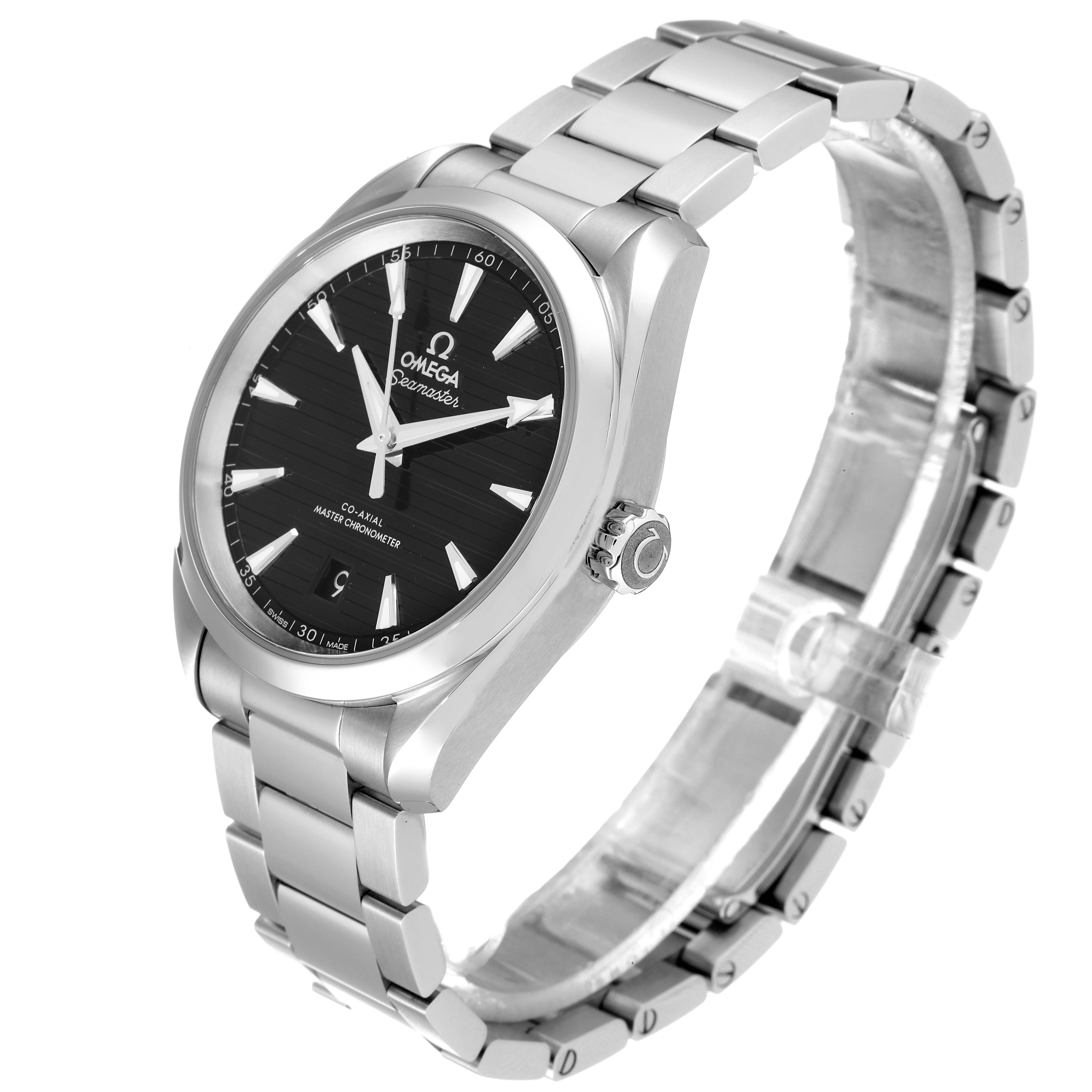 The image shows an Omega Aqua Terra 220.10.38.20.01.001 Men's Stainless Steel Black Dial 220.10.38.20.01.001 Men's Stainless Steel Black Dial watch at a three-quarter angle, highlighting the face, crown, and metal bracelet.