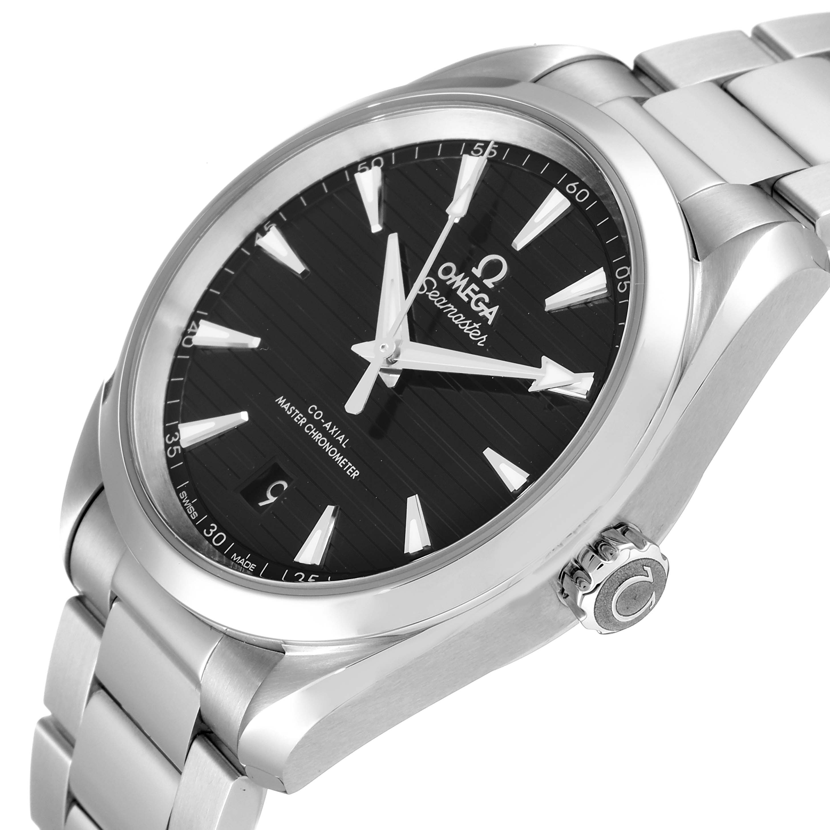 The image shows an angled view of the Omega Aqua Terra 220.10.38.20.01.001 Men's Stainless Steel Black Dial 220.10.38.20.01.001 Men's Stainless Steel Black Dial watch, highlighting its face, bezel, crown, and part of the bracelet.