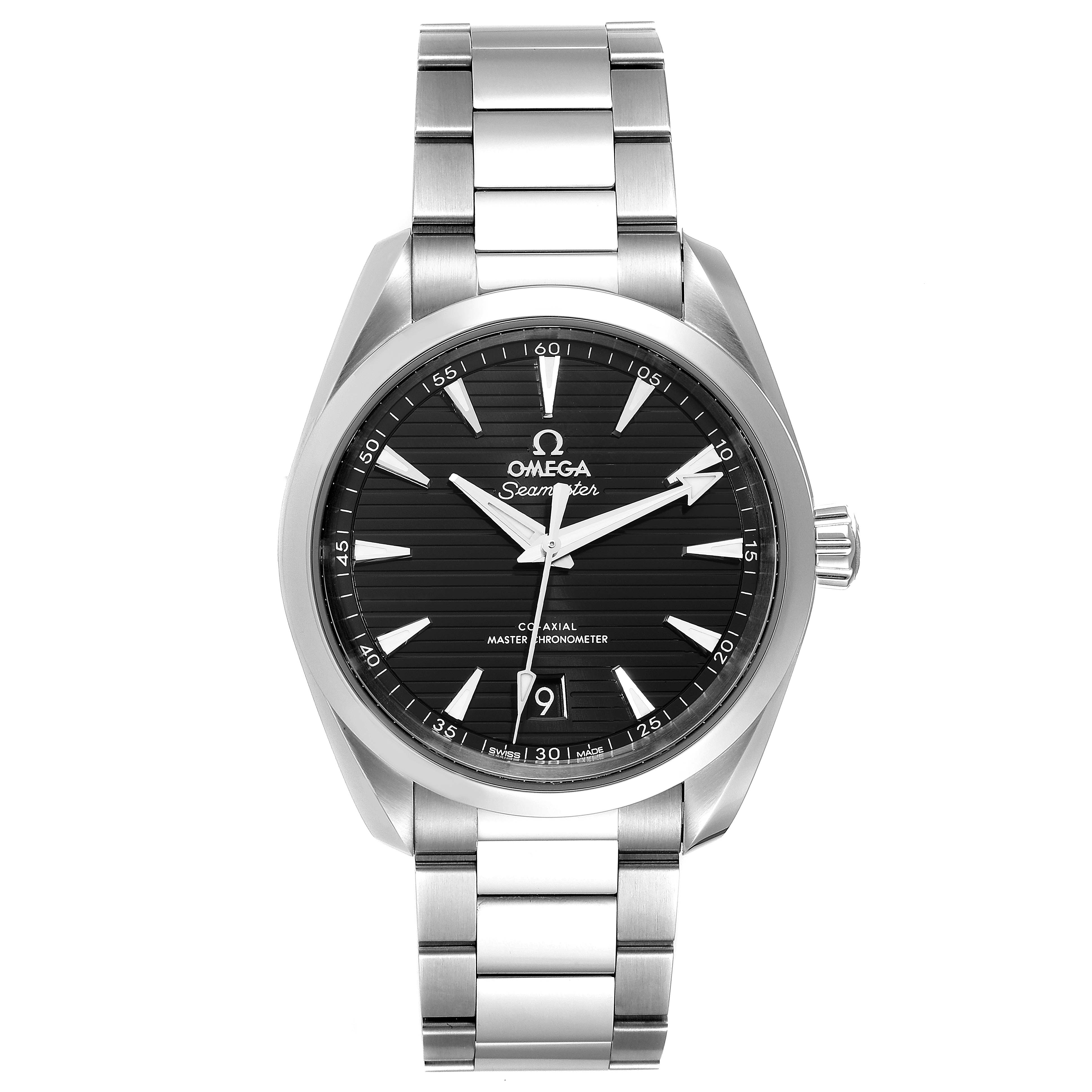 The image shows a frontal view of the Omega Aqua Terra 220.10.38.20.01.001 Men's Stainless Steel Black Dial 220.10.38.20.01.001 Men's Stainless Steel Black Dial watch, including its face, hands, and metal bracelet.