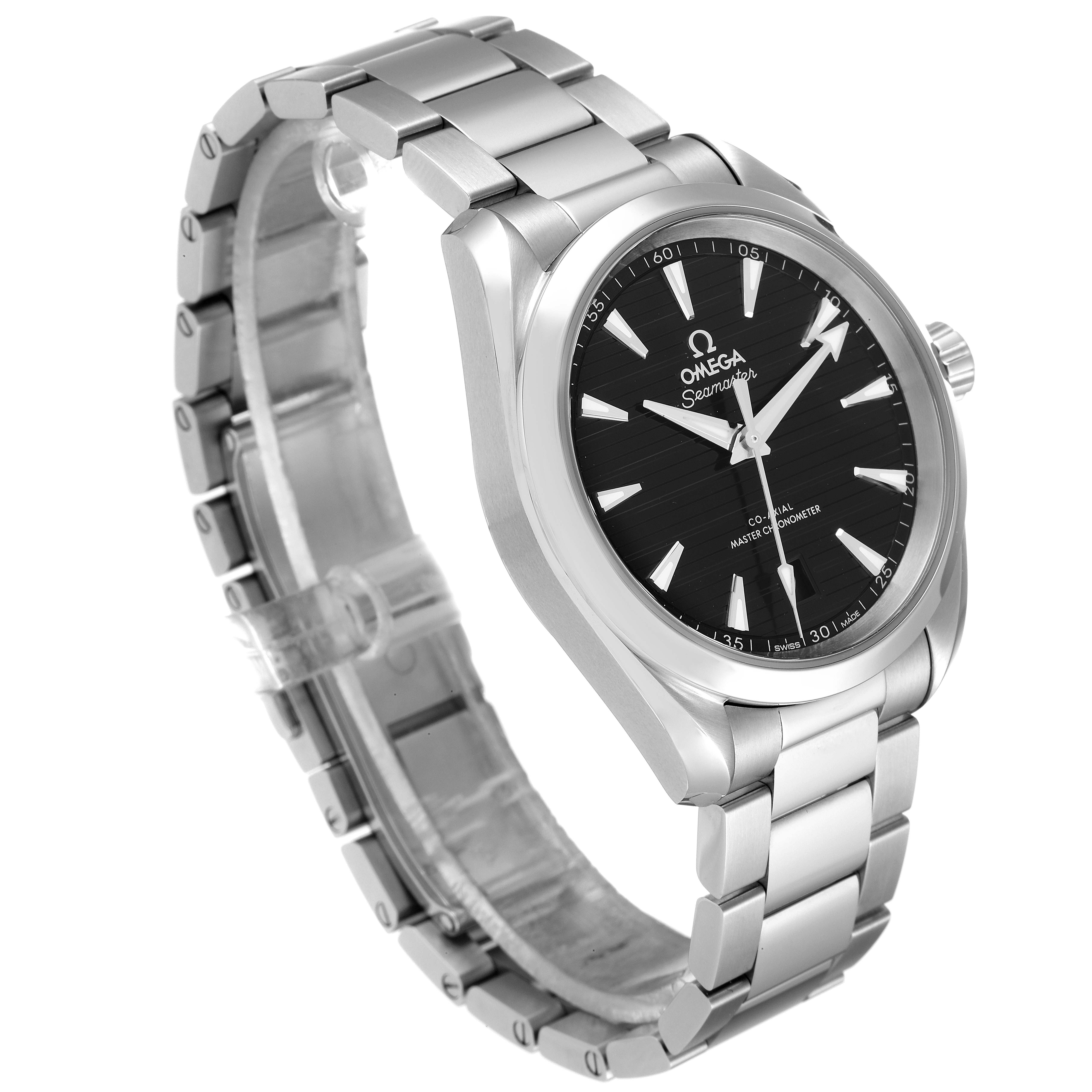 The image shows the Omega Aqua Terra 220.10.38.20.01.001 Men's Stainless Steel Black Dial 220.10.38.20.01.001 Men's Stainless Steel Black Dial watch at an angled side view, highlighting its black dial, stainless steel bracelet, and crown.