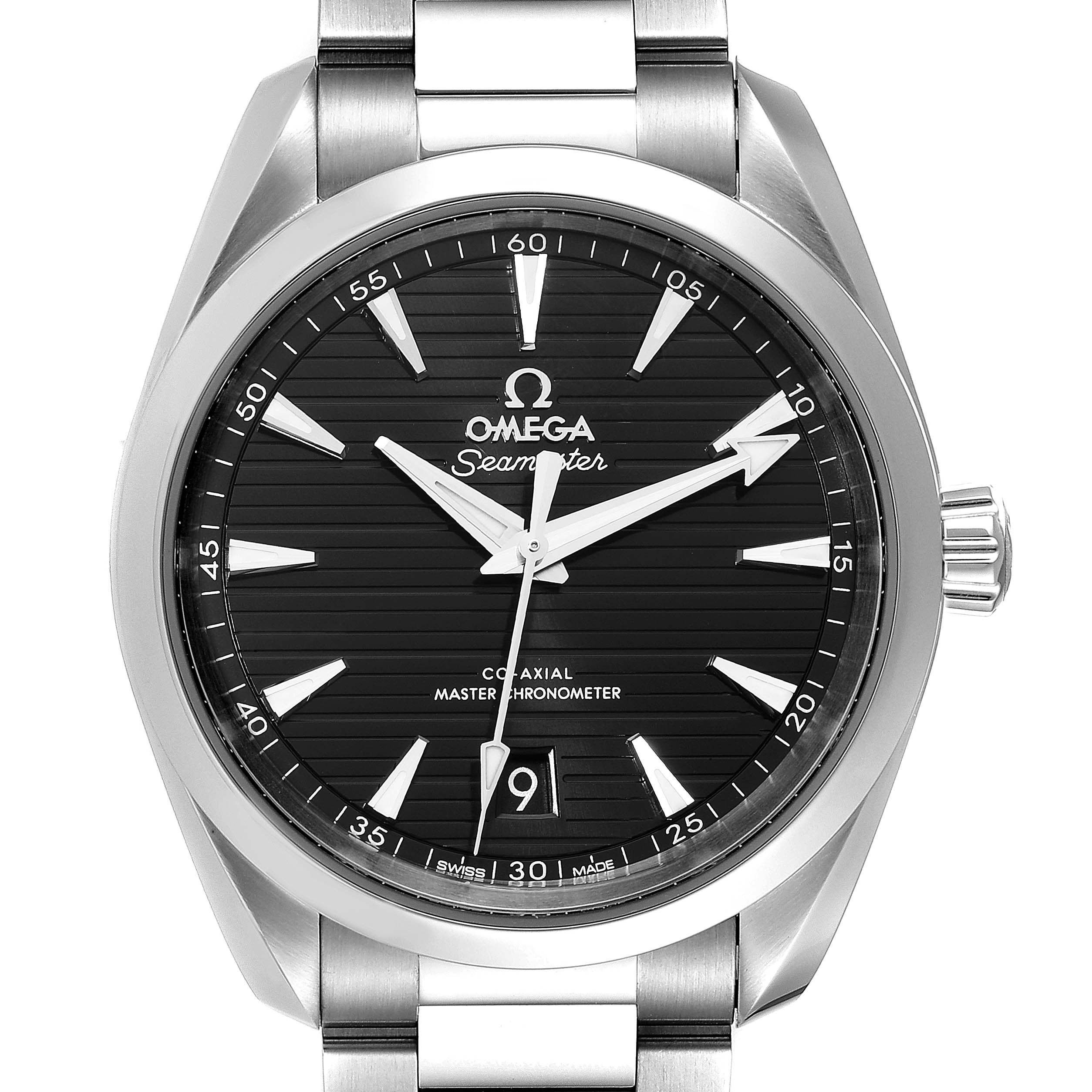 The image shows a front view of the Omega Aqua Terra 220.10.38.20.01.001 Men's Stainless Steel Black Dial 220.10.38.20.01.001 Men's Stainless Steel Black Dial watch, highlighting its black dial, silver hands, and date at the 6 o'clock position.