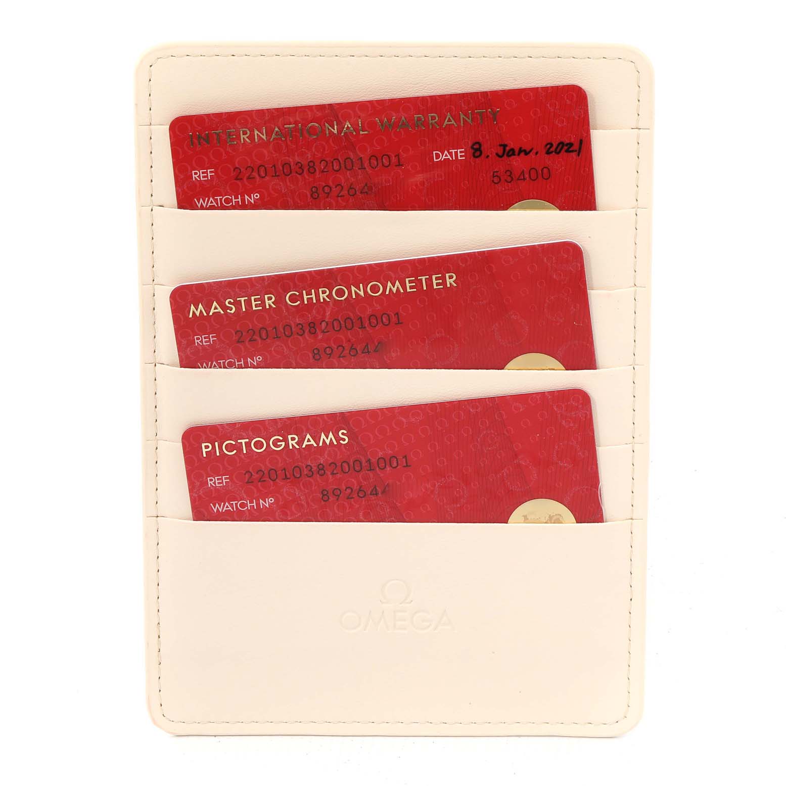 The image shows Omega Aqua Terra 220.10.38.20.01.001 Men's Stainless Steel Black Dial 220.10.38.20.01.001 Men's Stainless Steel Black Dial model warranty and certification cards in a cream cardholder.