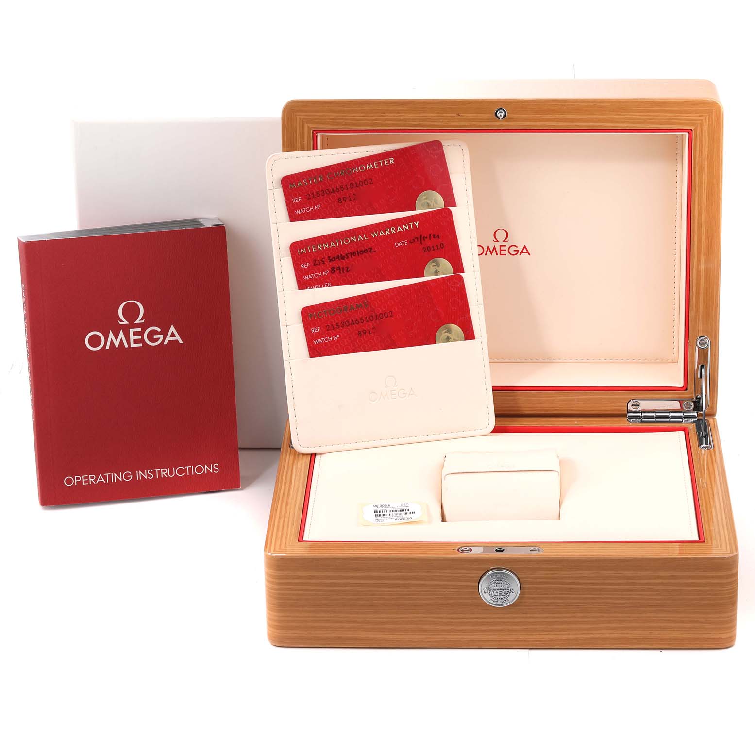 The image shows the packaging and accessories, including the box, warranty cards, and operating instructions, for the Omega Planet Ocean 215.30.46.51.01.002 Men
s Stainless Steel Black Dial 215.30.46.51.01.002 Men
s Stainless Steel Black Dial model.