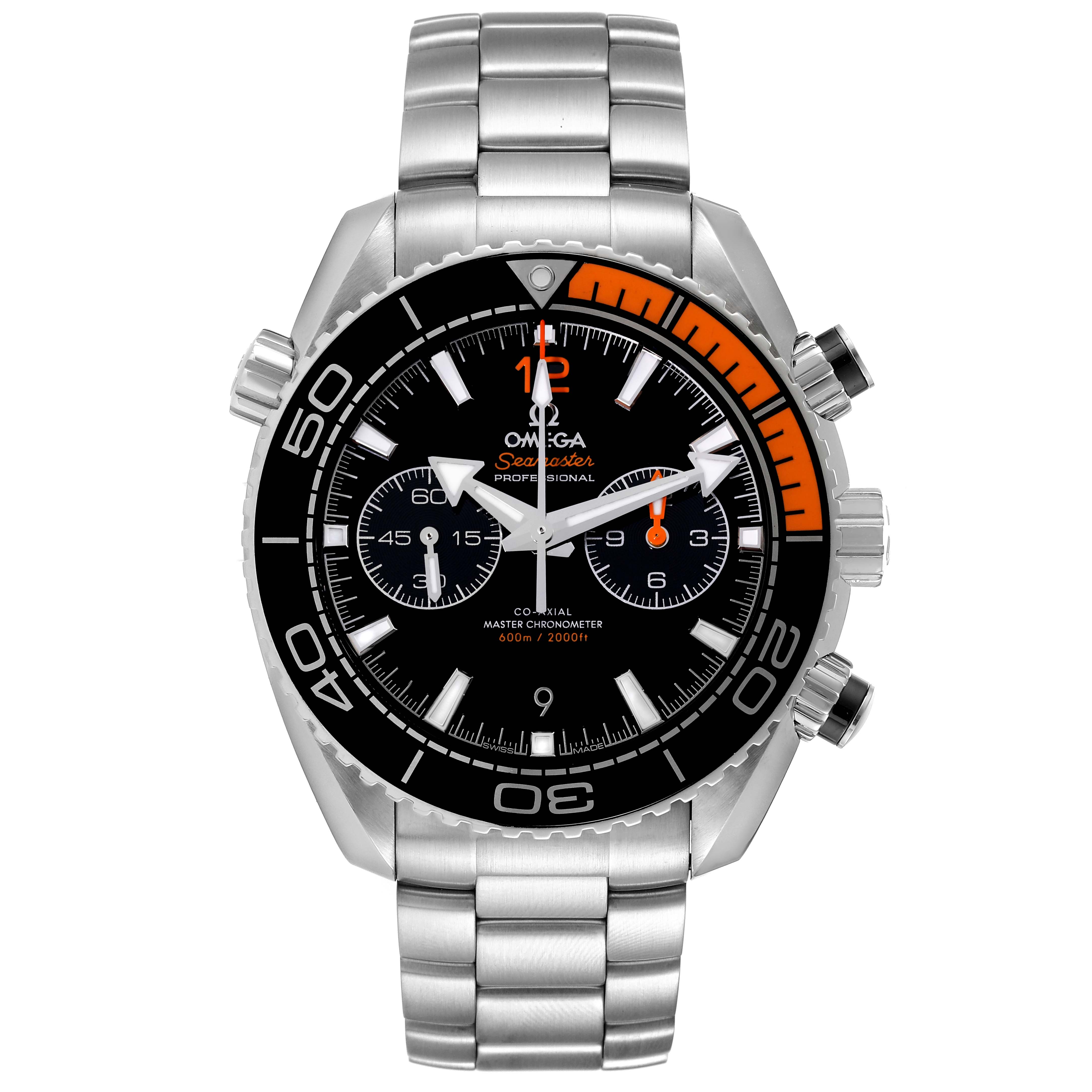 The image shows a front view of an Omega Planet Ocean 215.30.46.51.01.002 Men
s Stainless Steel Black Dial 215.30.46.51.01.002 Men
s Stainless Steel Black Dial watch, highlighting the bezel, dial, and bracelet.