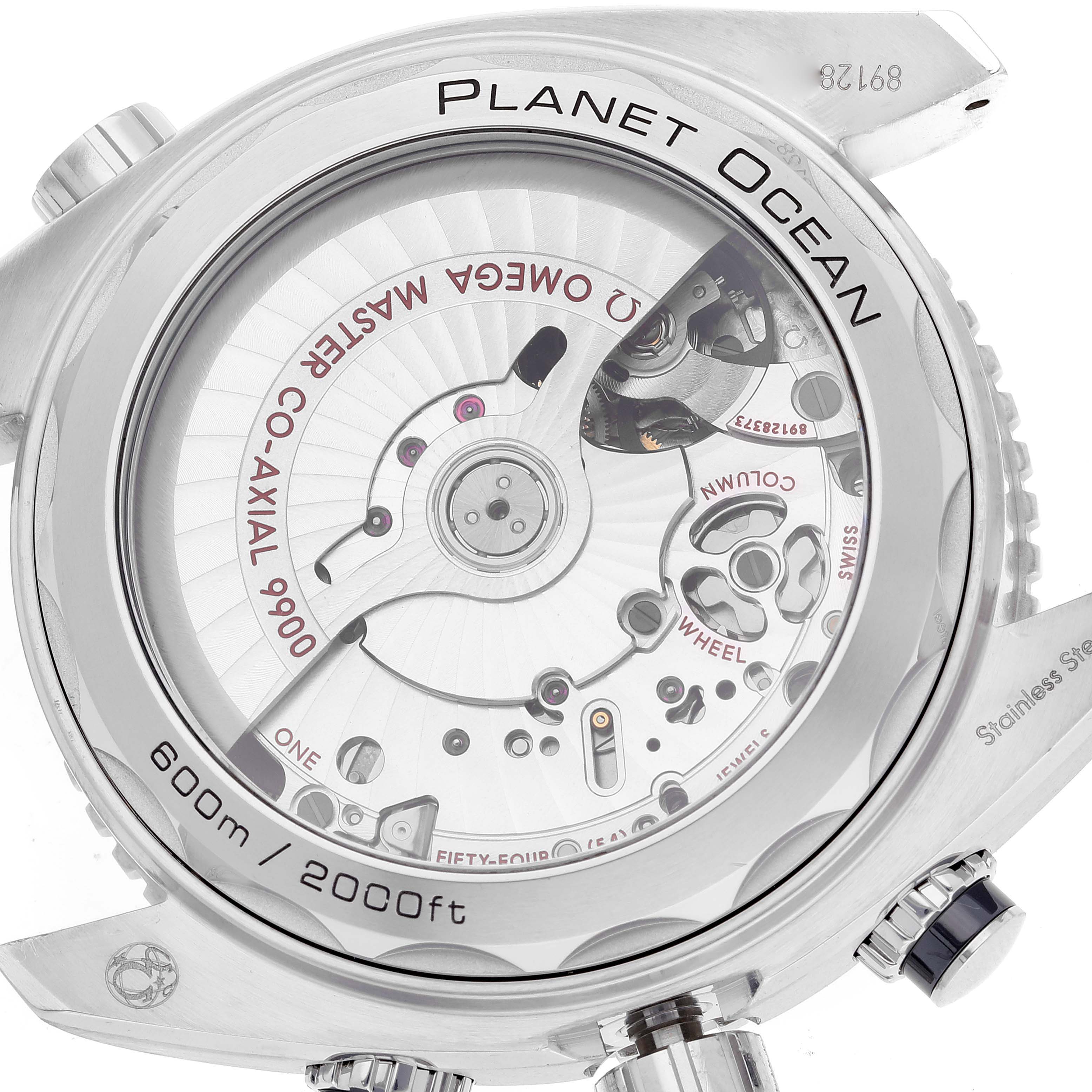 This image shows the back of the Omega Planet Ocean 215.30.46.51.01.002 Men
s Stainless Steel Black Dial 215.30.46.51.01.002 Men
s Stainless Steel Black Dial watch, highlighting its internal mechanical components.