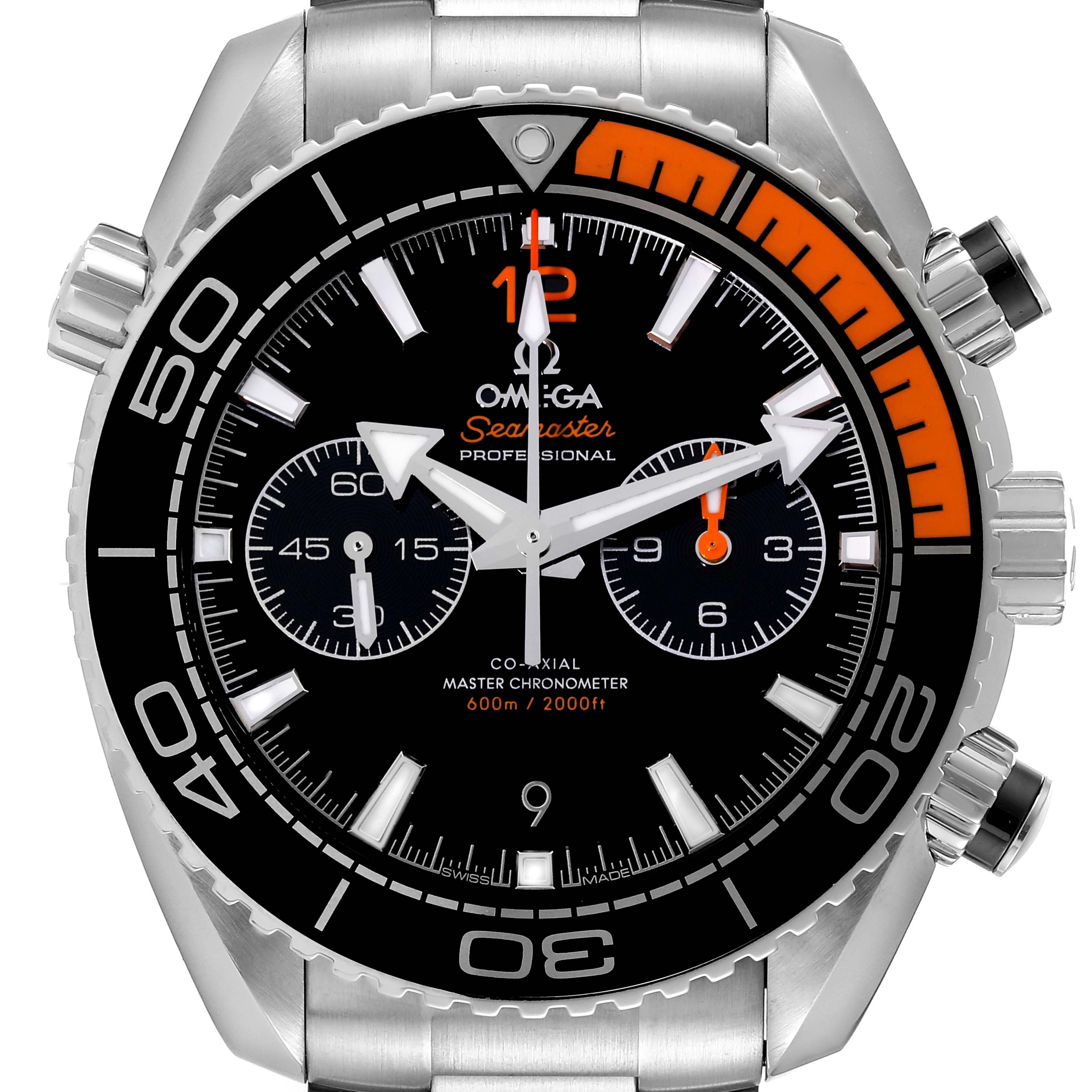 This image shows the front view of an Omega Planet Ocean 215.30.46.51.01.002 Men
s Stainless Steel Black Dial 215.30.46.51.01.002 Men
s Stainless Steel Black Dial watch, featuring its dial, bezel, and chronograph pushers.