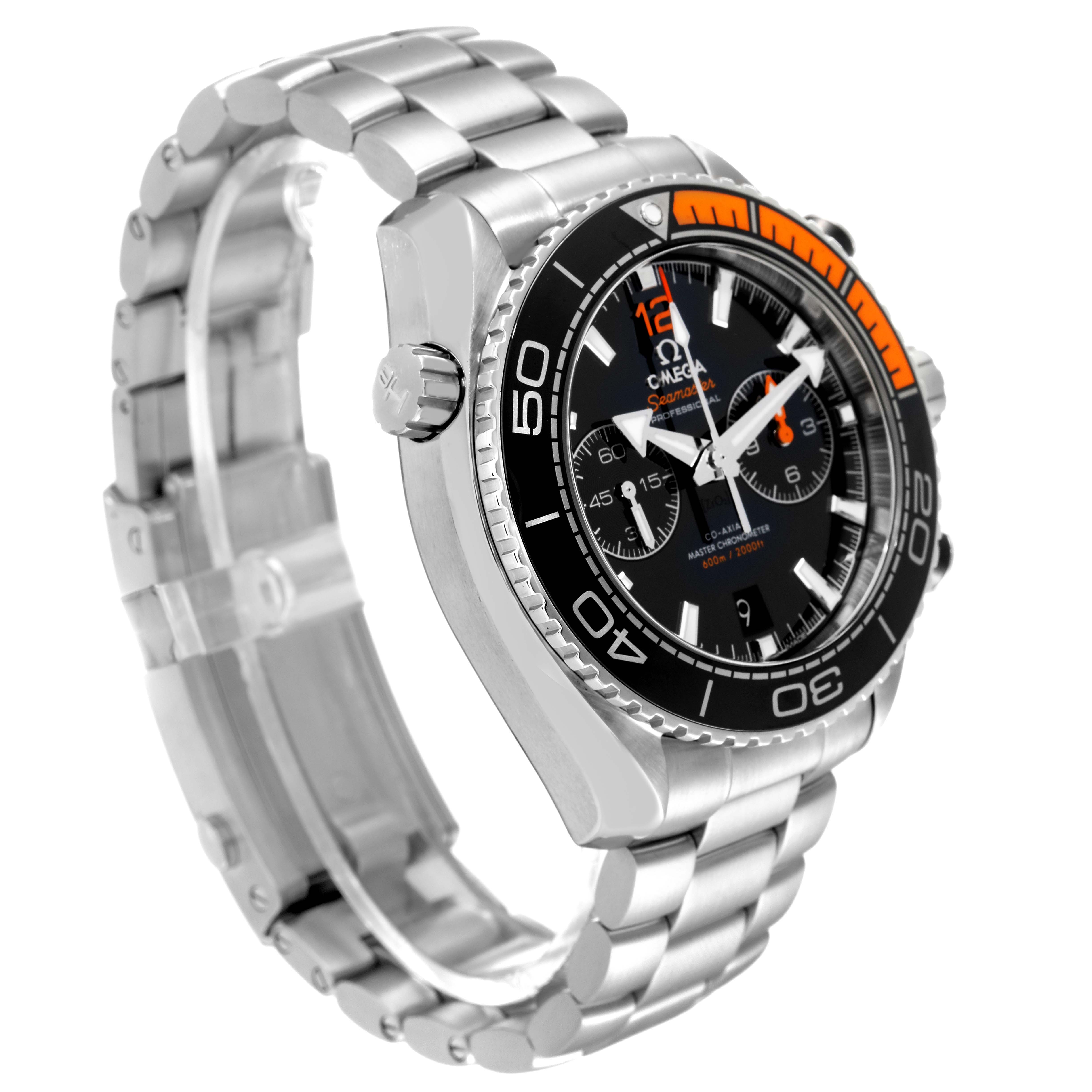 This Omega Planet Ocean 215.30.46.51.01.002 Men
s Stainless Steel Black Dial 215.30.46.51.01.002 Men
s Stainless Steel Black Dial watch is shown at a three-quarter angle, highlighting its face, bezel, bracelet, and crown.