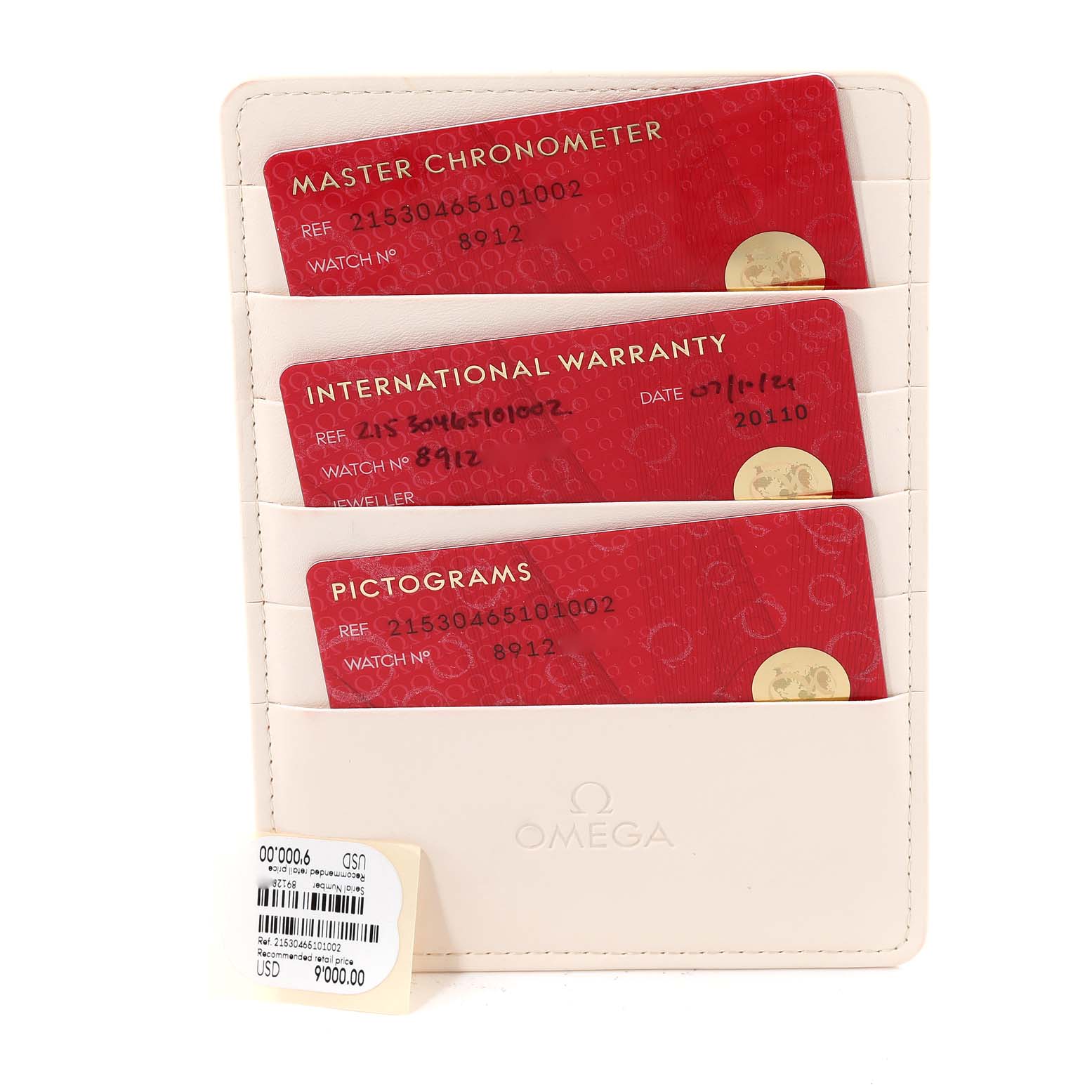 The image shows warranty cards and certification for the Omega Planet Ocean 215.30.46.51.01.002 Men
s Stainless Steel Black Dial 215.30.46.51.01.002 Men
s Stainless Steel Black Dial watch.