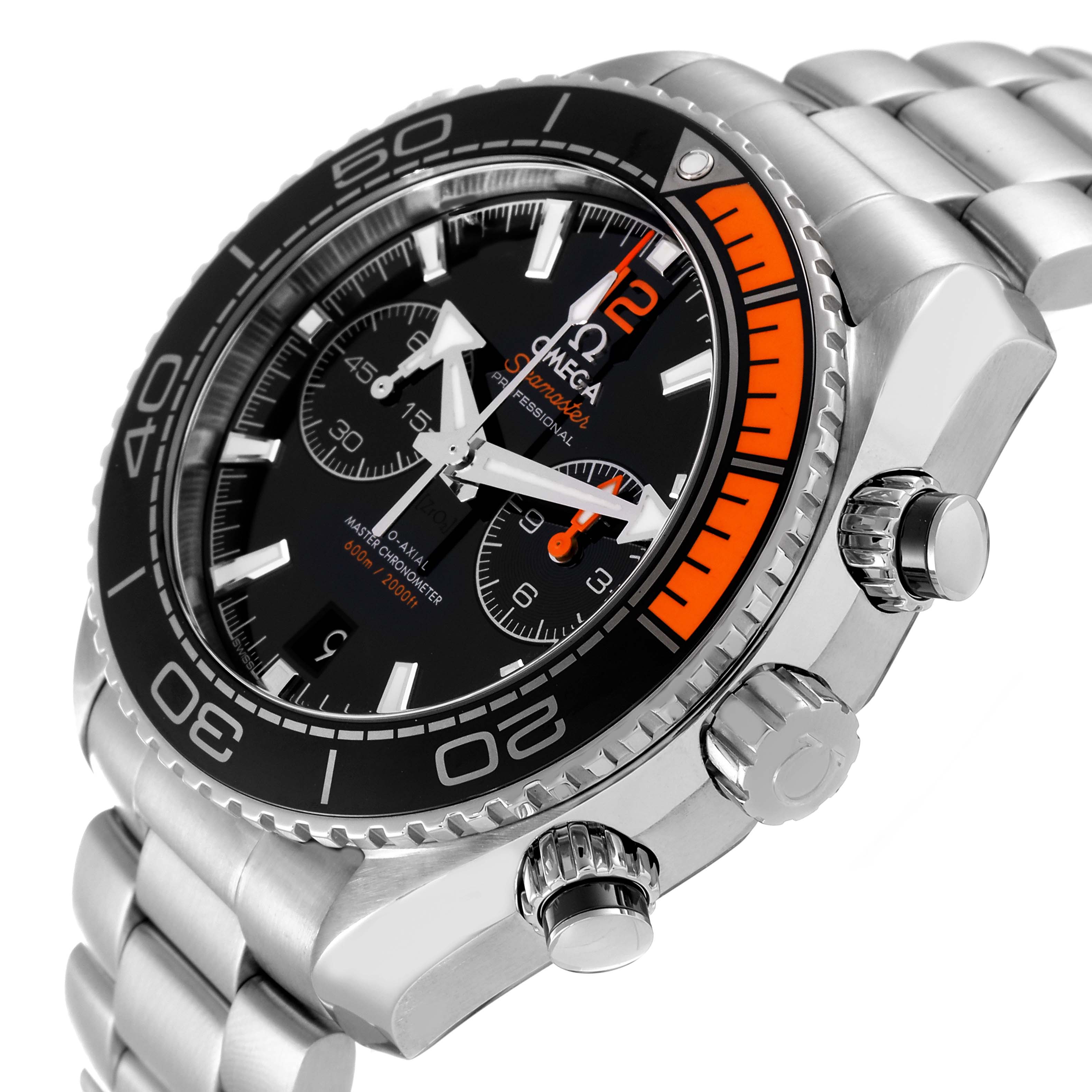 The image shows a tilted front-side view of the Omega Planet Ocean 215.30.46.51.01.002 Men
s Stainless Steel Black Dial 215.30.46.51.01.002 Men
s Stainless Steel Black Dial watch, highlighting the dial, bezel, pushers, and part of the bracelet.