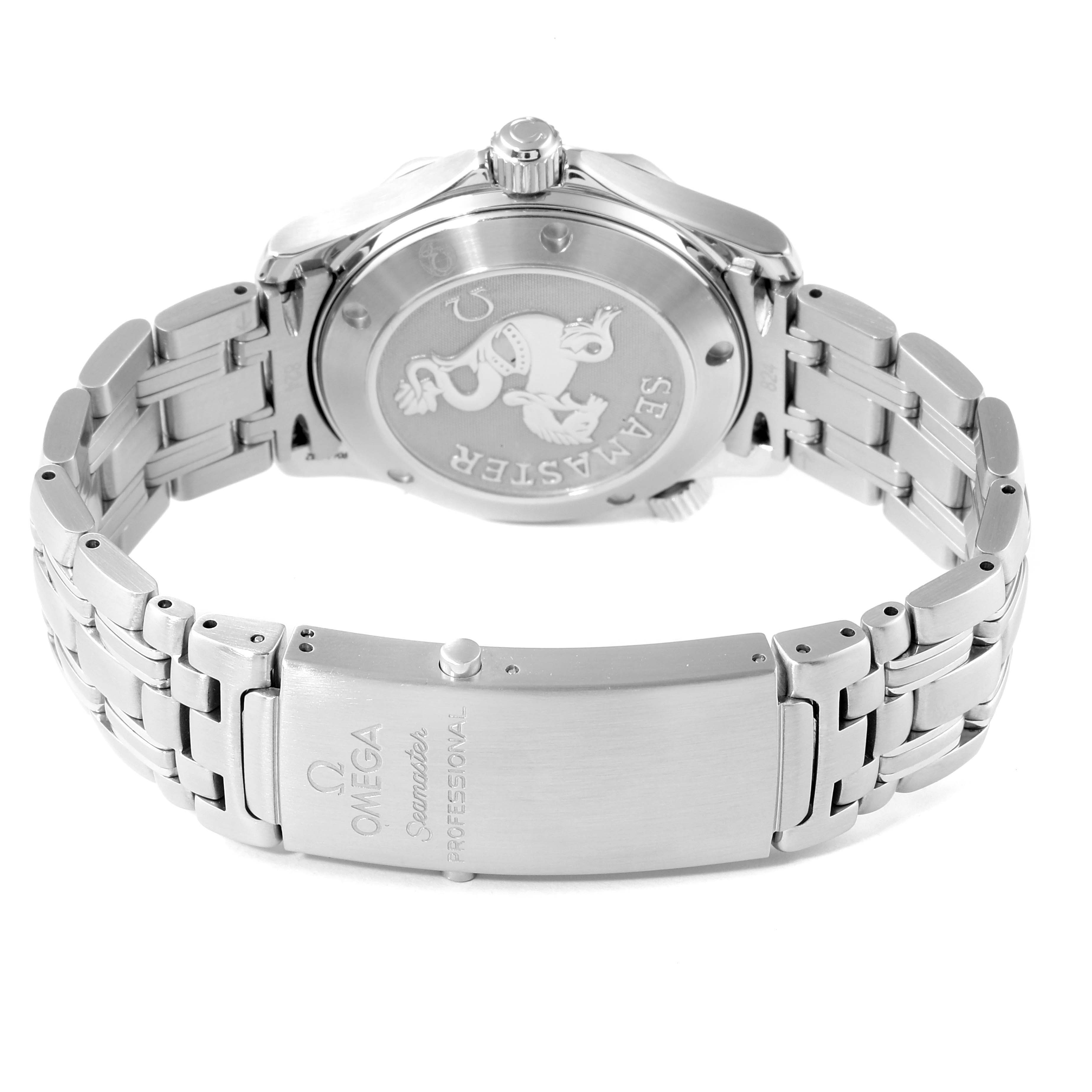 This image shows the back and clasp of an Omega Seamaster 212.30.36.61.01.001 Men's Stainless Steel Black Dial 212.30.36.61.01.001 Men's Stainless Steel Black Dial watch, highlighting the engraved case back and metal bracelet.