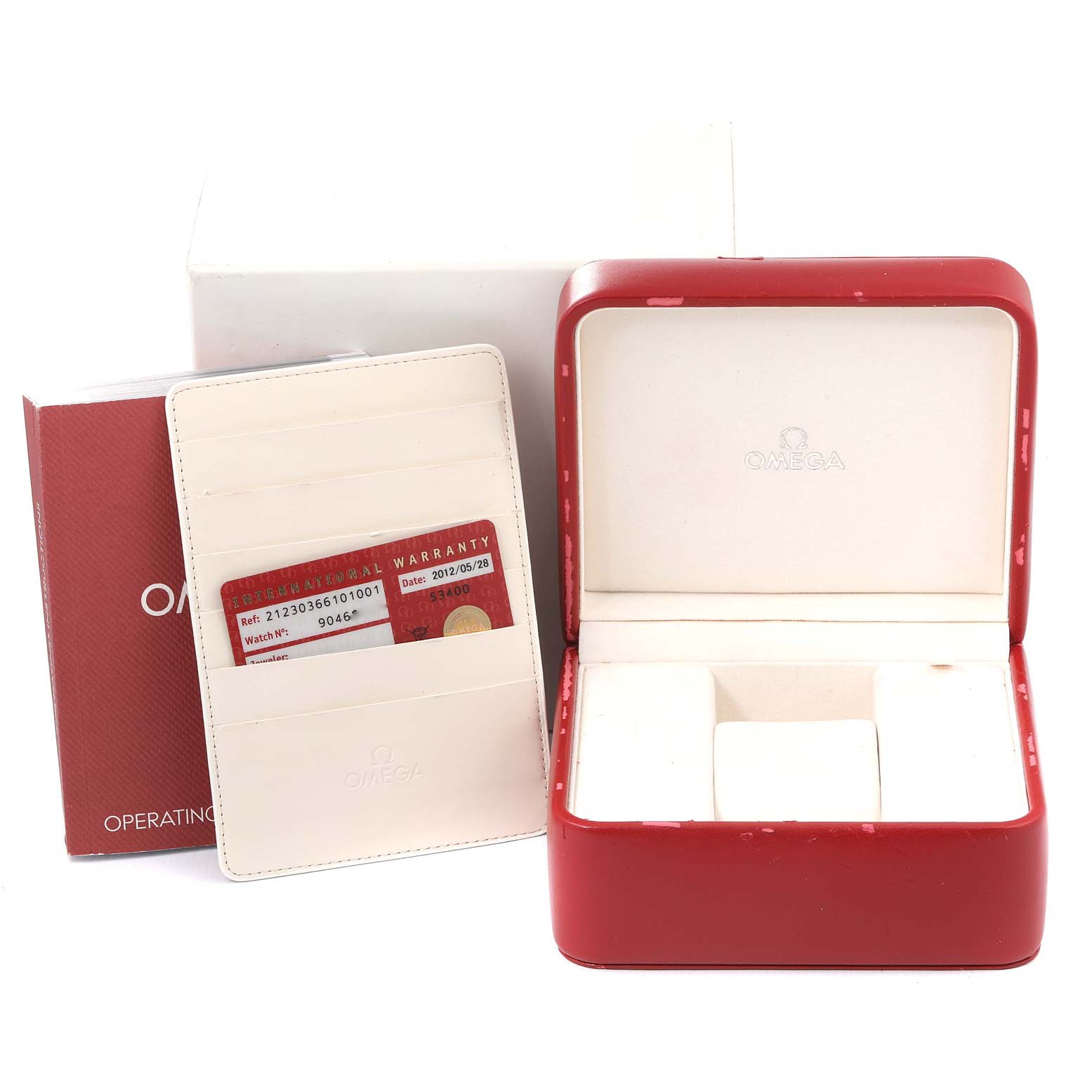 The image shows the packaging and warranty cards for an Omega Seamaster 212.30.36.61.01.001 Men's Stainless Steel Black Dial 212.30.36.61.01.001 Men's Stainless Steel Black Dial watch, including a red storage box and operating manual.