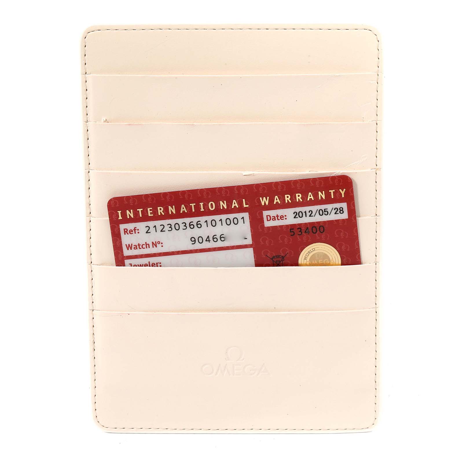 This image shows the international warranty card for an Omega Seamaster 212.30.36.61.01.001 Men's Stainless Steel Black Dial 212.30.36.61.01.001 Men's Stainless Steel Black Dial watch in a beige cardholder.