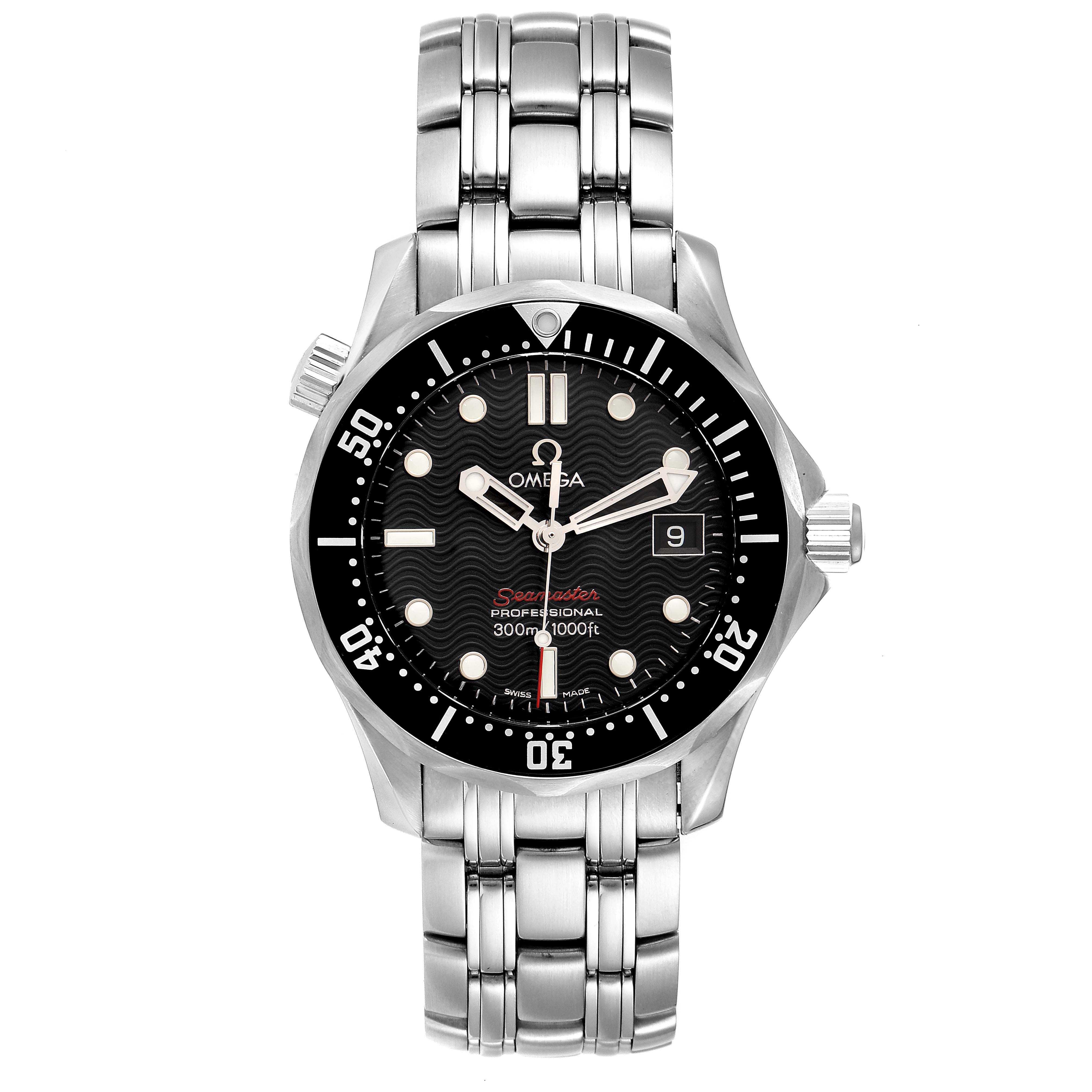 The image shows a front view of the Omega Seamaster 212.30.36.61.01.001 Men's Stainless Steel Black Dial 212.30.36.61.01.001 Men's Stainless Steel Black Dial watch, highlighting its face, bezel, and metal bracelet.