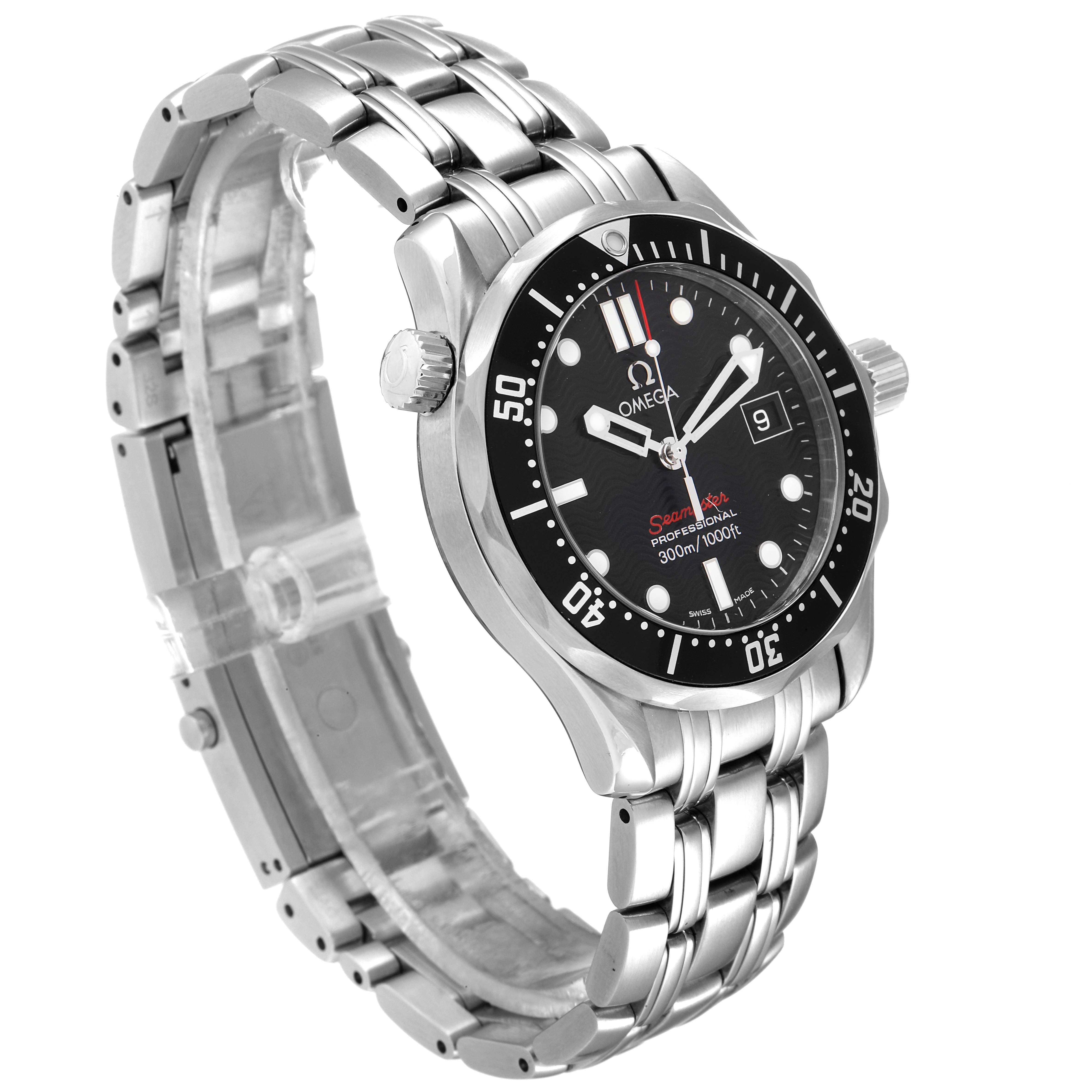 The image shows the Omega Seamaster 212.30.36.61.01.001 Men's Stainless Steel Black Dial 212.30.36.61.01.001 Men's Stainless Steel Black Dial watch from a three-quarter angle, highlighting the dial, bezel, and metal bracelet.