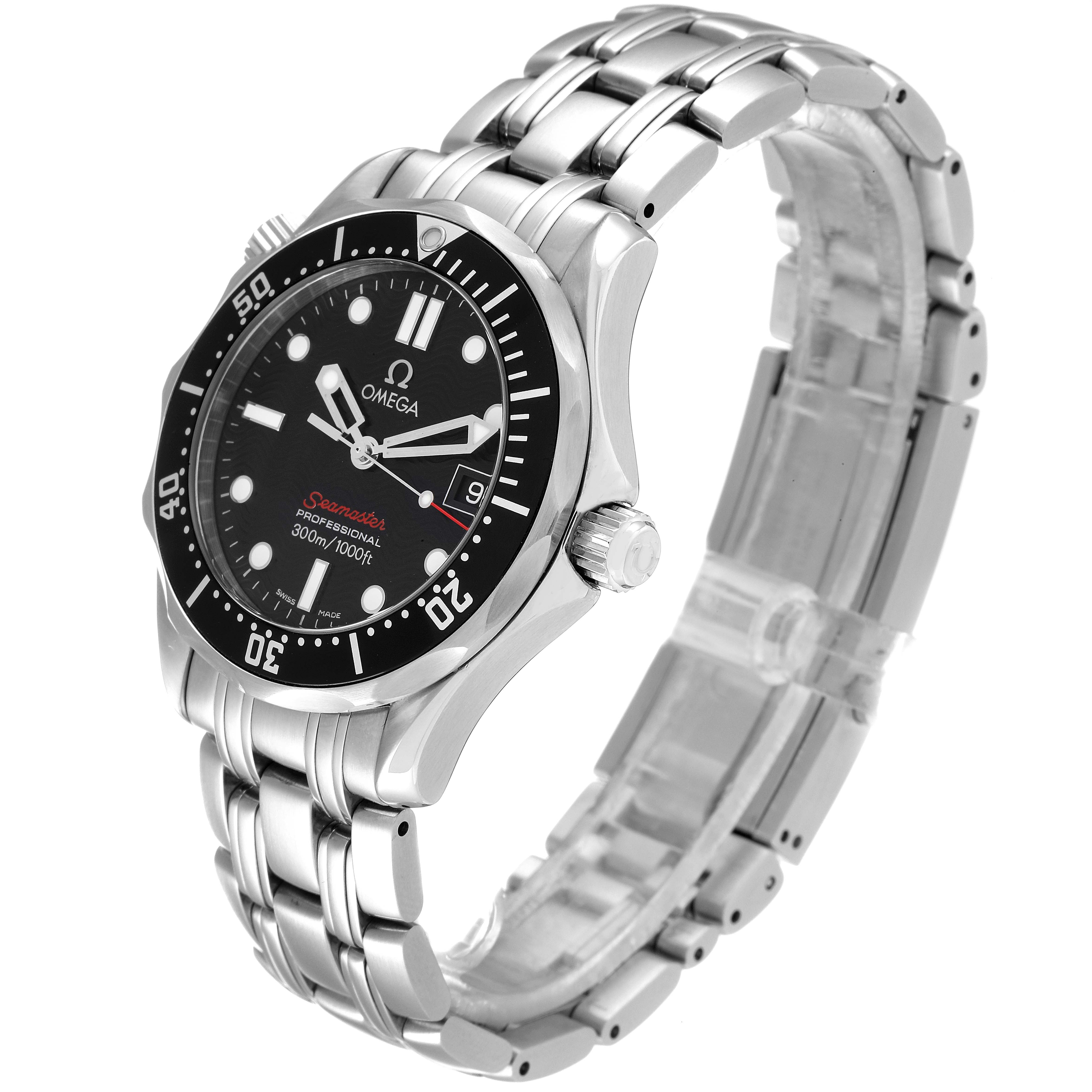 This is a side-angle view of an Omega Seamaster 212.30.36.61.01.001 Men's Stainless Steel Black Dial 212.30.36.61.01.001 Men's Stainless Steel Black Dial watch, showcasing its black dial, bezel, crown, and stainless steel bracelet.