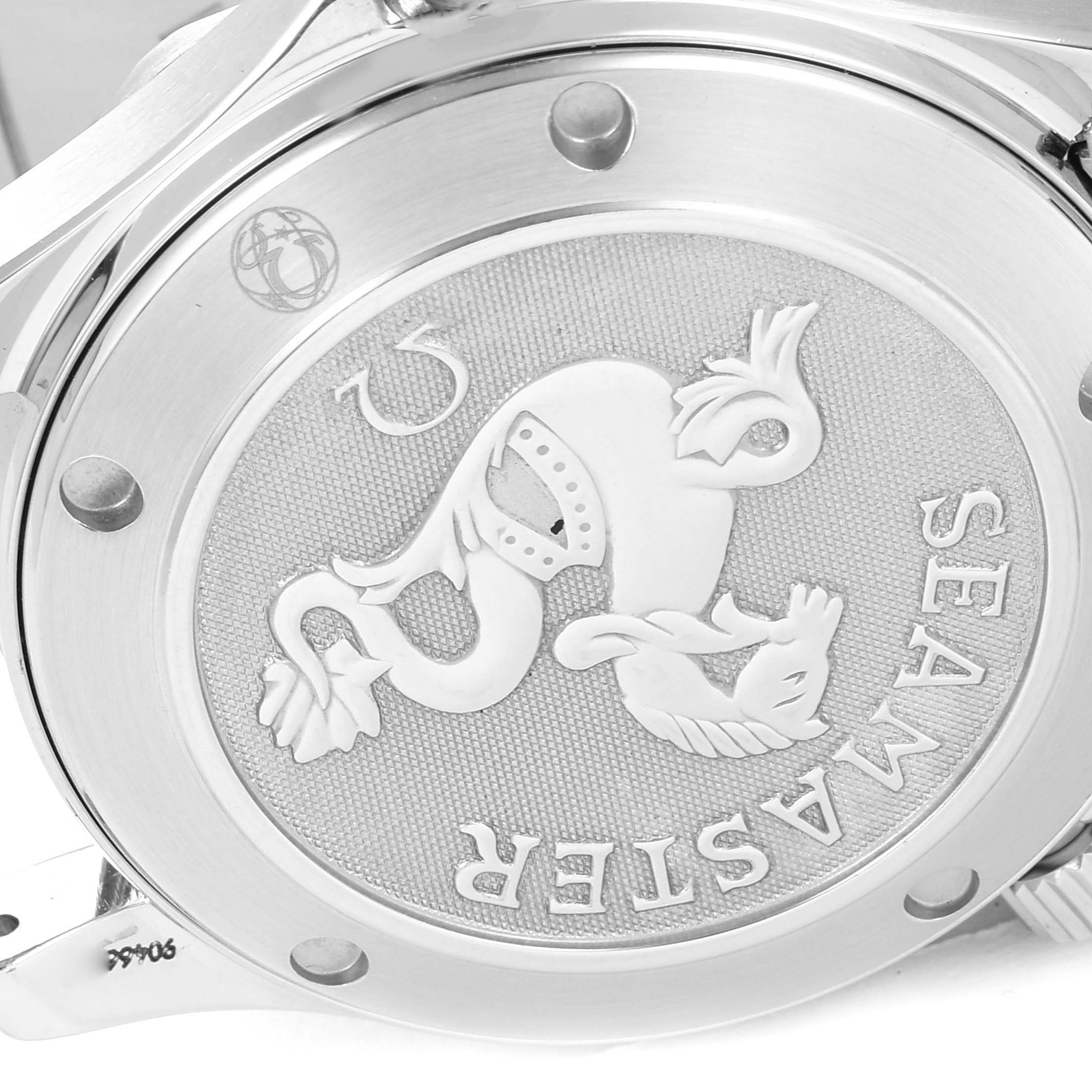 The image shows the case back of the Omega Seamaster 212.30.36.61.01.001 Men's Stainless Steel Black Dial 212.30.36.61.01.001 Men's Stainless Steel Black Dial watch with an engraved seahorse logo and text.