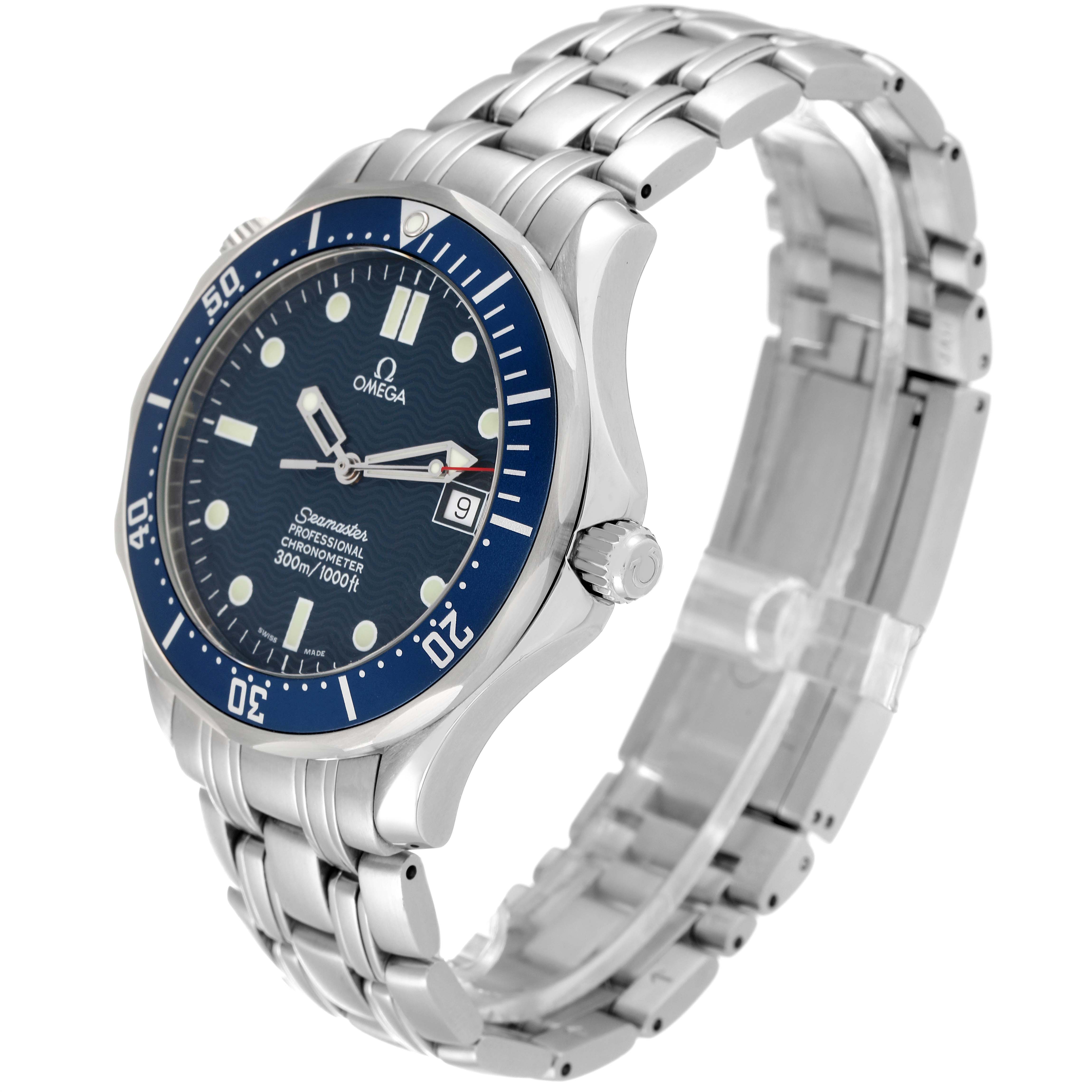 The image shows a side angle view of the Omega Seamaster 2531.80.00 Men's Stainless Steel Blue Dial 2531.80.00 Men's Stainless Steel Blue Dial watch, highlighting its blue dial, bezel, and stainless steel bracelet.