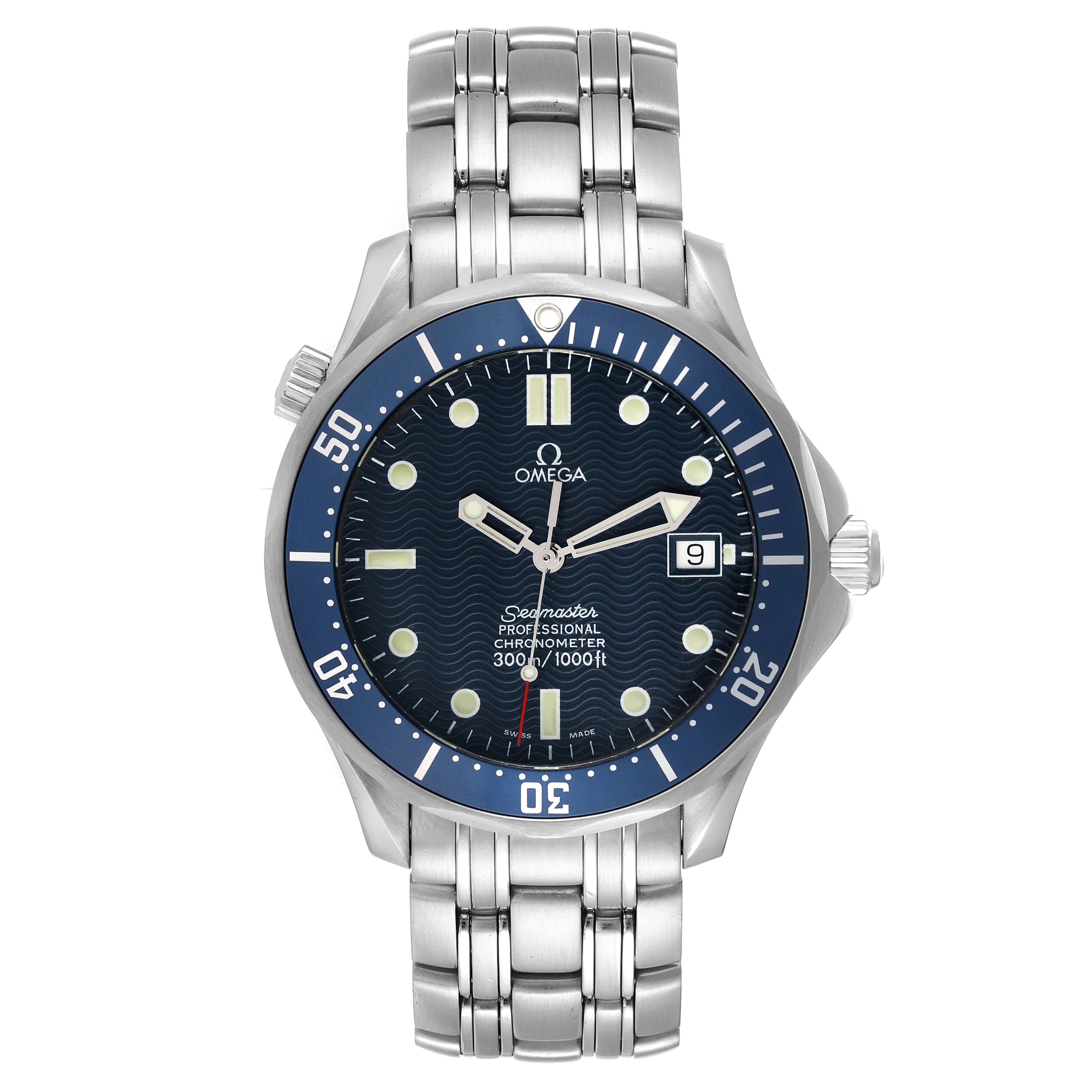 This image shows a frontal view of the Omega Seamaster 2531.80.00 Men's Stainless Steel Blue Dial 2531.80.00 Men's Stainless Steel Blue Dial watch, highlighting the face, bezel, and metal bracelet.