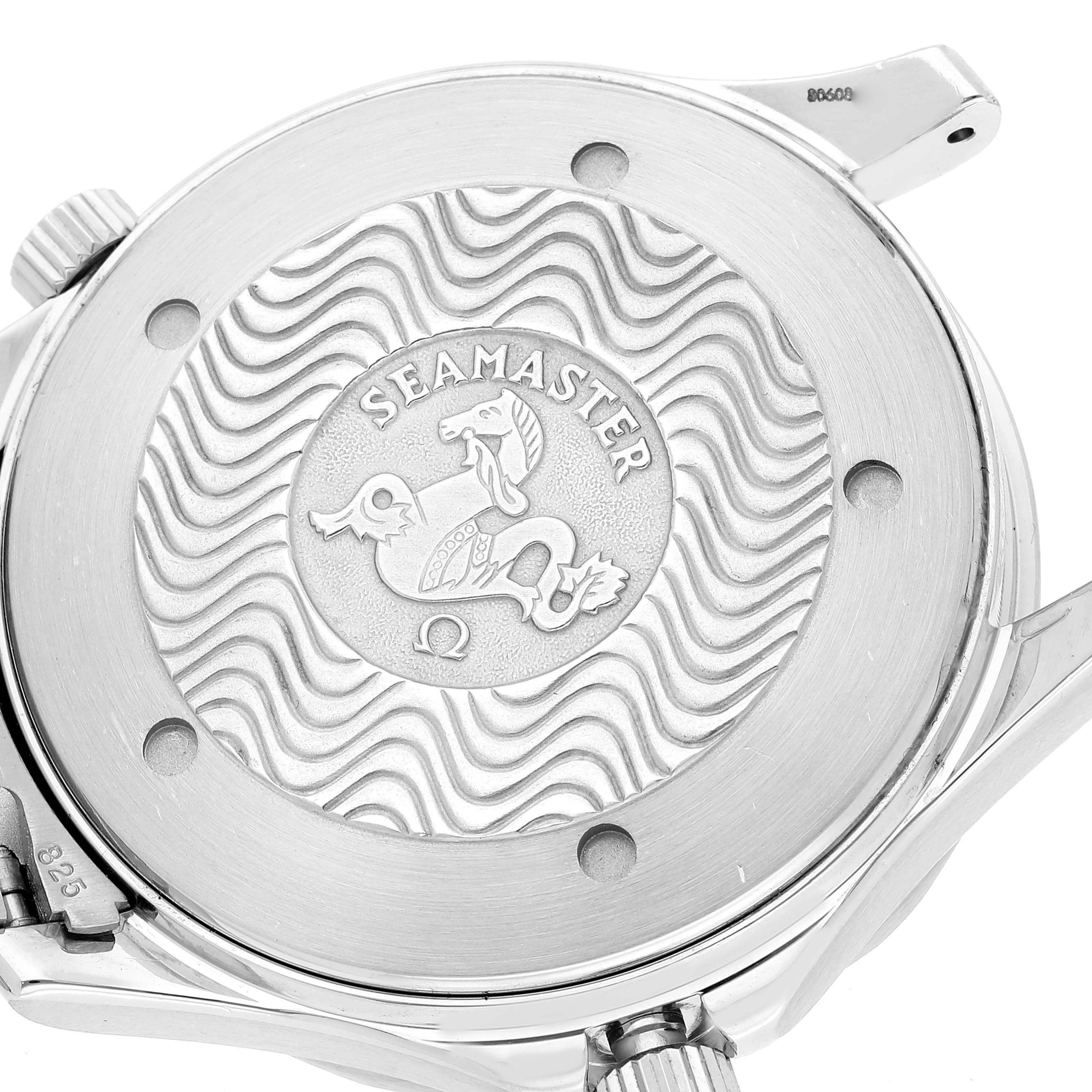 The image shows the back case of an Omega Seamaster 2531.80.00 Men's Stainless Steel Blue Dial 2531.80.00 Men's Stainless Steel Blue Dial watch with the Seamaster logo and wavy patterns.