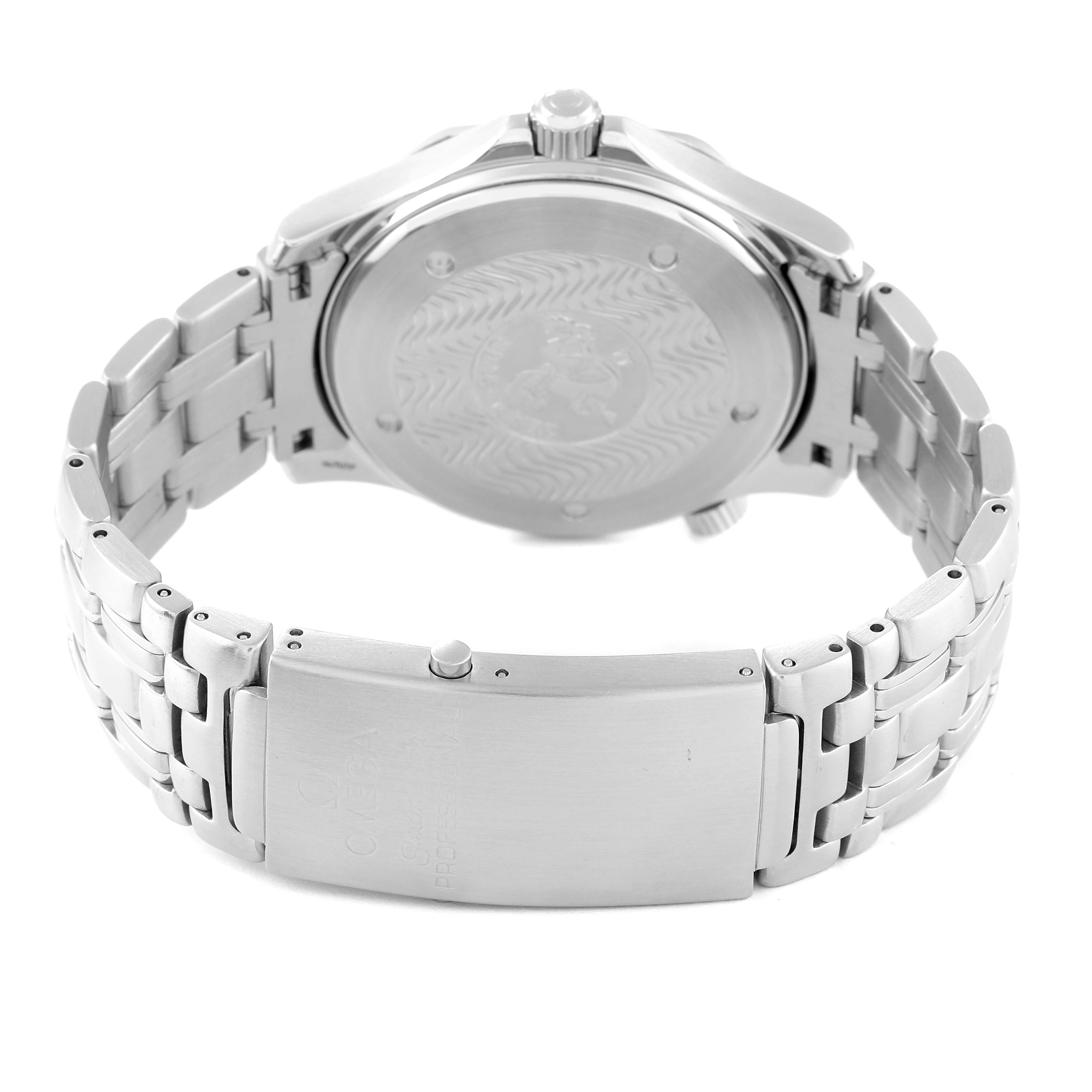 The image shows the back view of an Omega Seamaster 2531.80.00 Men's Stainless Steel Blue Dial 2531.80.00 Men's Stainless Steel Blue Dial watch, highlighting its case back and metal bracelet with the clasp.