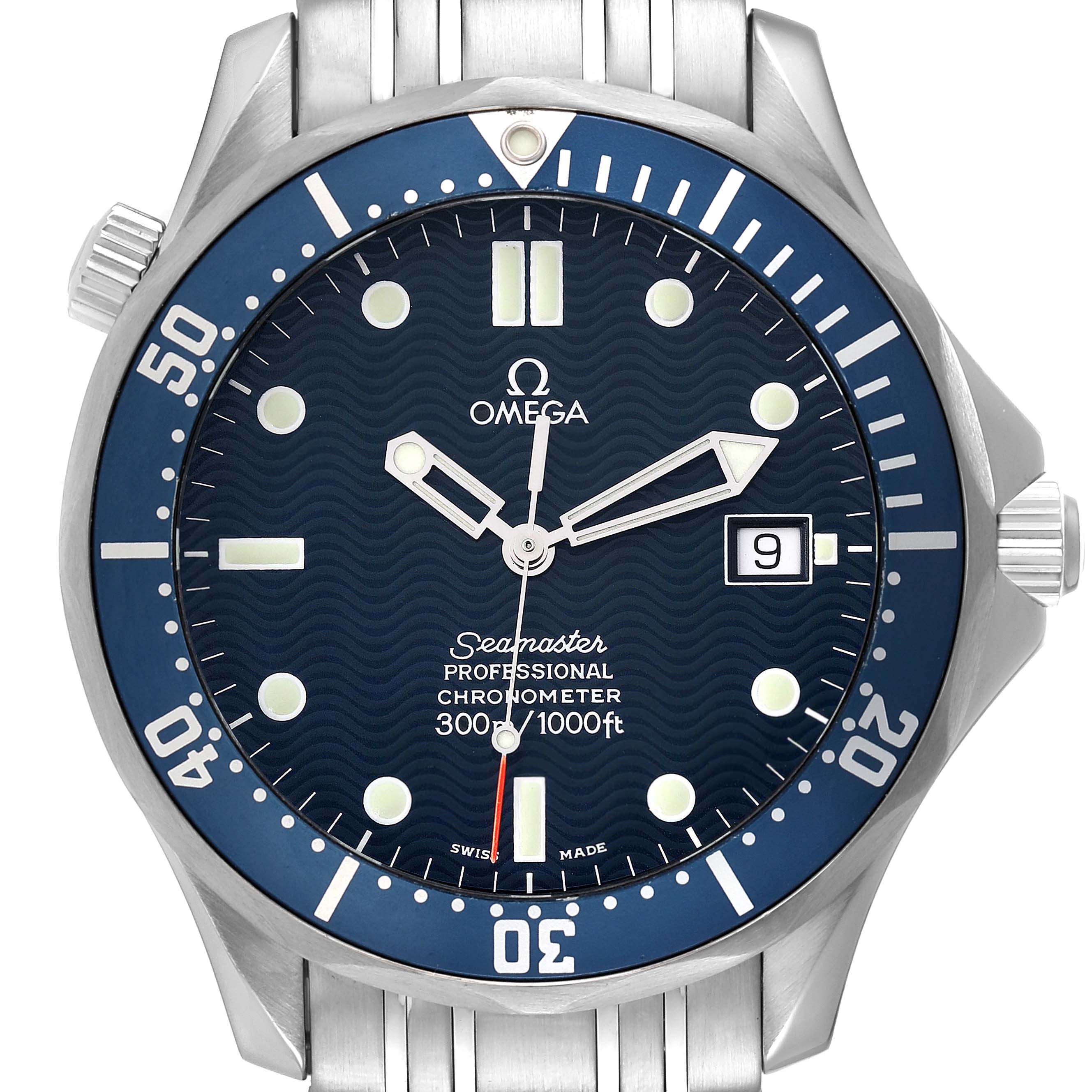 The image shows a front view of an Omega Seamaster 2531.80.00 Men's Stainless Steel Blue Dial 2531.80.00 Men's Stainless Steel Blue Dial watch, displaying the dial, bezel, hands, indices, and part of the stainless steel bracelet.