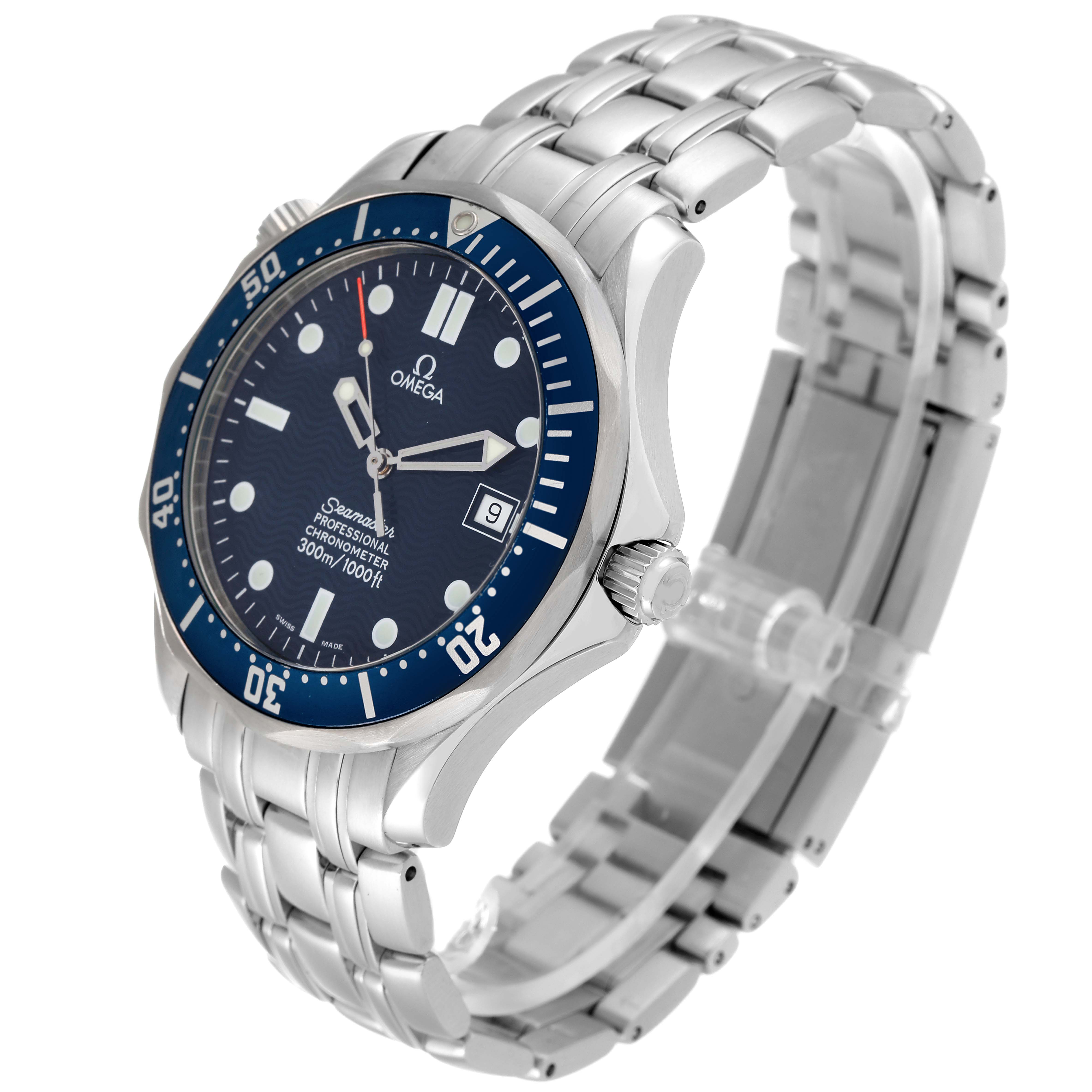 The Omega Seamaster 2531.80.00 Men's Stainless Steel Blue Dial 2531.80.00 Men's Stainless Steel Blue Dial watch is shown at an angle displaying the face, bezel, crown, and stainless steel bracelet.