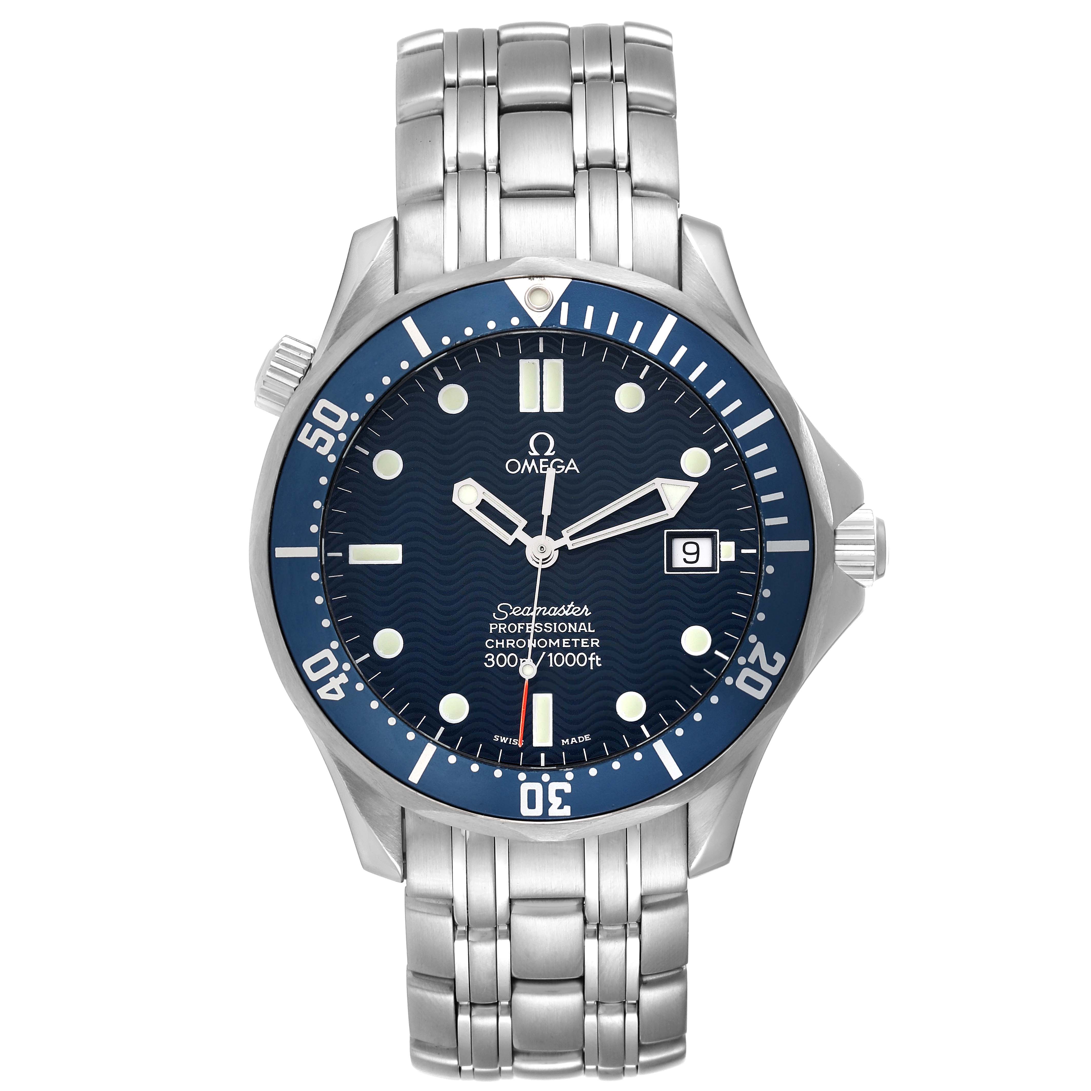 This image shows a front view of the Omega Seamaster 2531.80.00 Men's Stainless Steel Blue Dial 2531.80.00 Men's Stainless Steel Blue Dial Professional Chronometer watch.