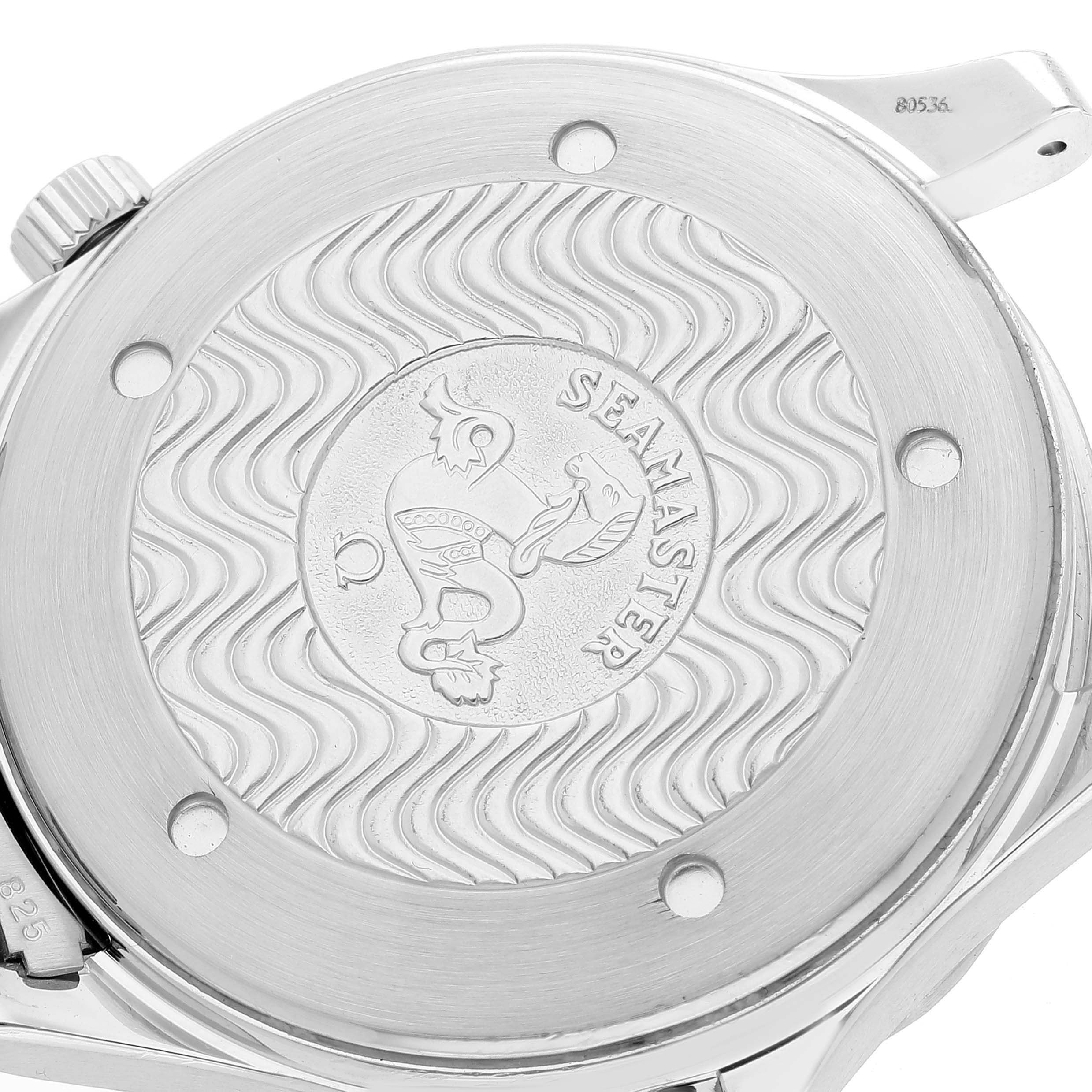 This image shows the back case of an Omega Seamaster 2531.80.00 Men's Stainless Steel Blue Dial 2531.80.00 Men's Stainless Steel Blue Dial watch with its engraved design and logo.