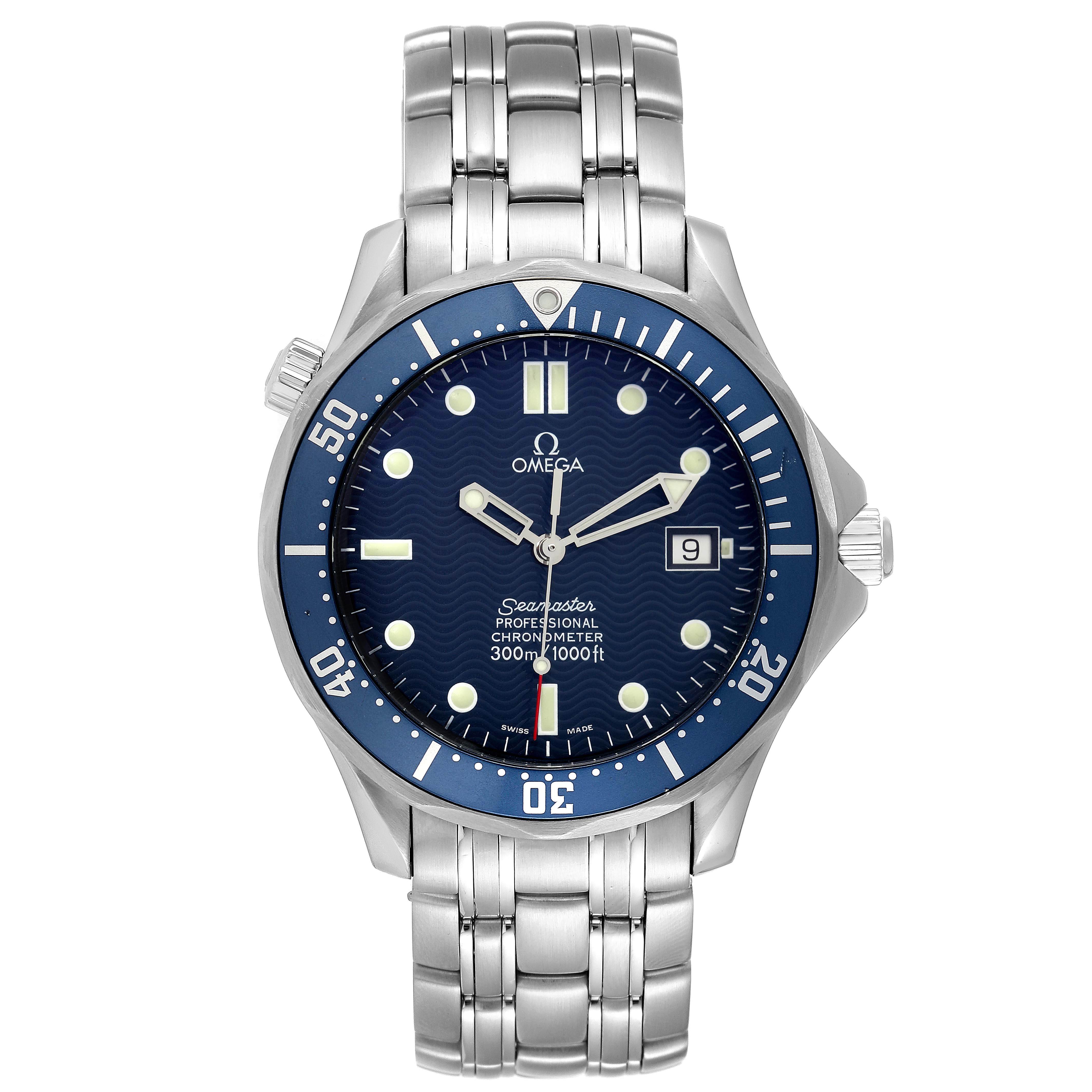 This image shows a front view of the Omega Seamaster 2531.80.00 Men's Stainless Steel Blue Dial 2531.80.00 Men's Stainless Steel Blue Dial watch, highlighting its dial, bezel, bracelet, and crown.