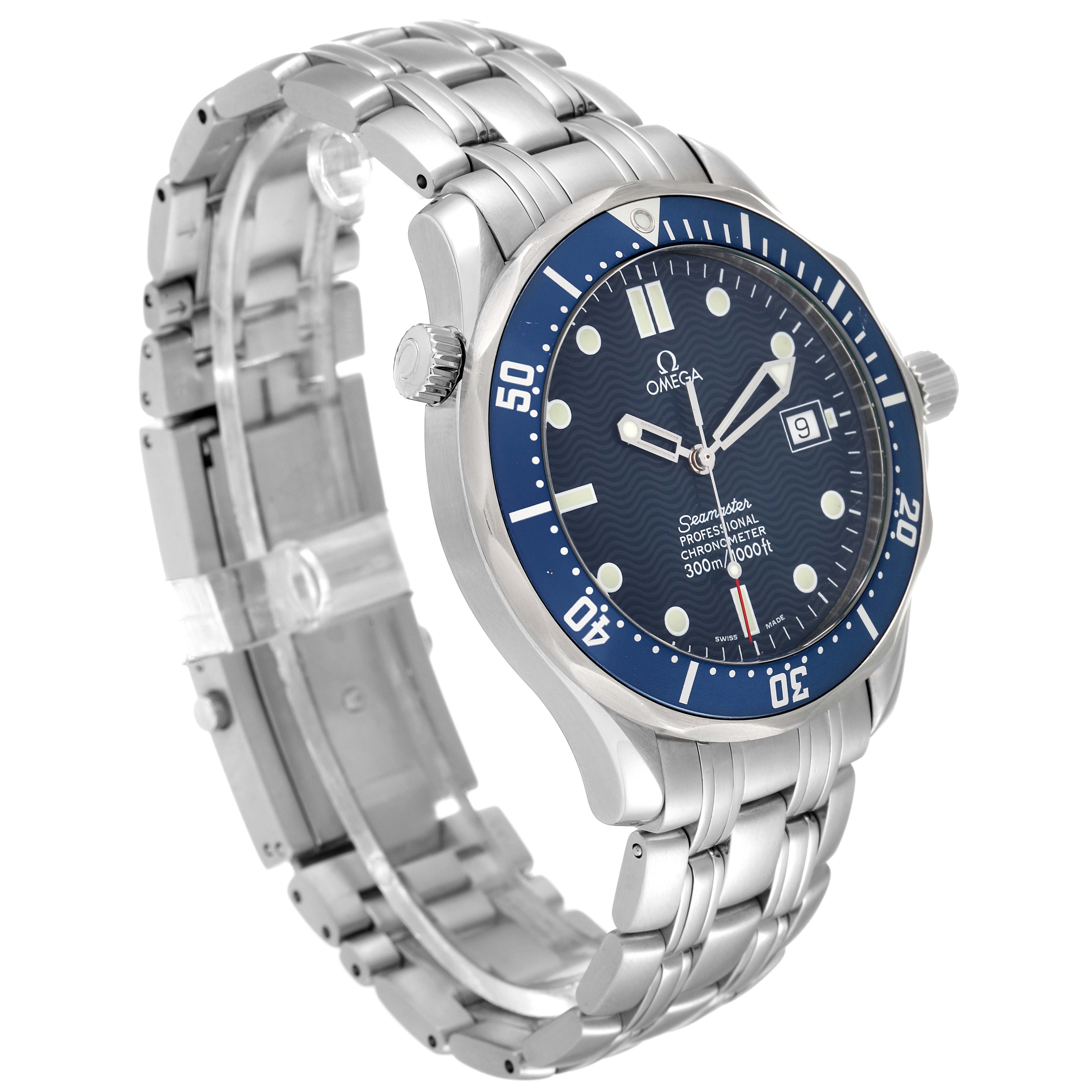 The image shows an angled view of an Omega Seamaster 2531.80.00 Men's Stainless Steel Blue Dial 2531.80.00 Men's Stainless Steel Blue Dial watch, displaying the dial, bezel, crown, and stainless steel bracelet.
