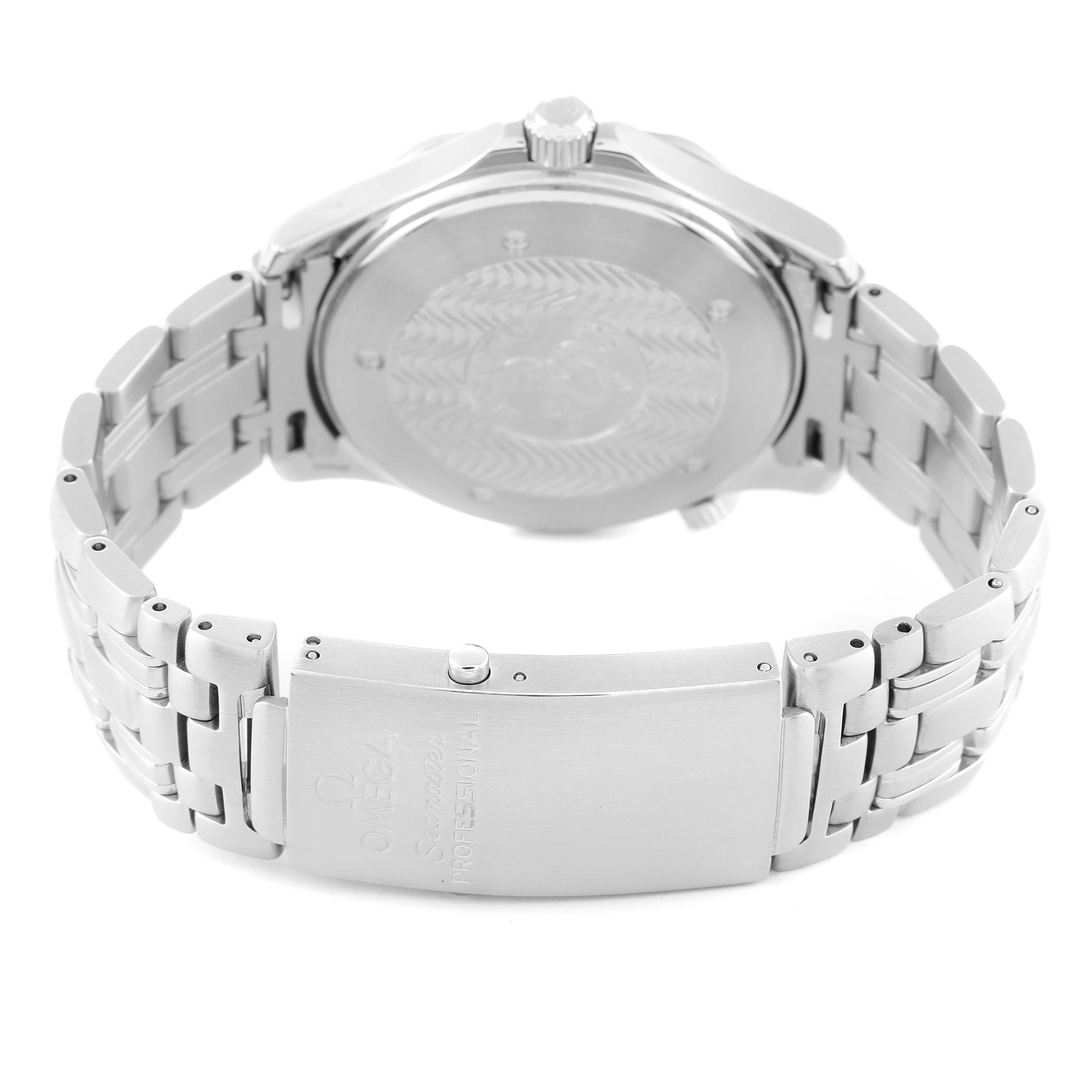 This image shows the back view of the Omega Seamaster 2531.80.00 Men's Stainless Steel Blue Dial 2531.80.00 Men's Stainless Steel Blue Dial watch, highlighting its stainless steel bracelet and clasp.