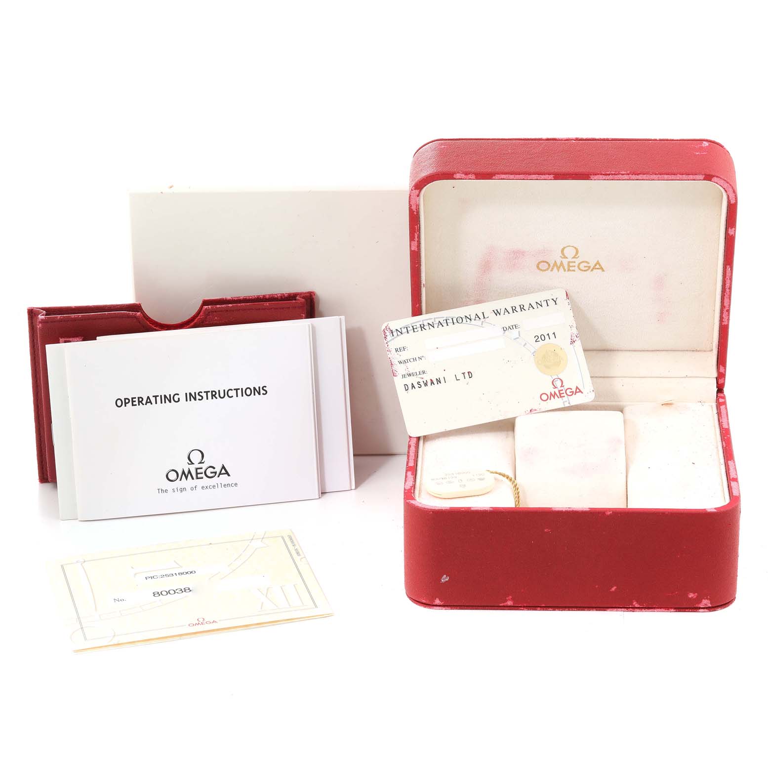 The image shows an Omega Seamaster 2531.80.00 Men's Stainless Steel Blue Dial 2531.80.00 Men's Stainless Steel Blue Dial watch box, international warranty card, operating instructions, and additional papers from a front angle.