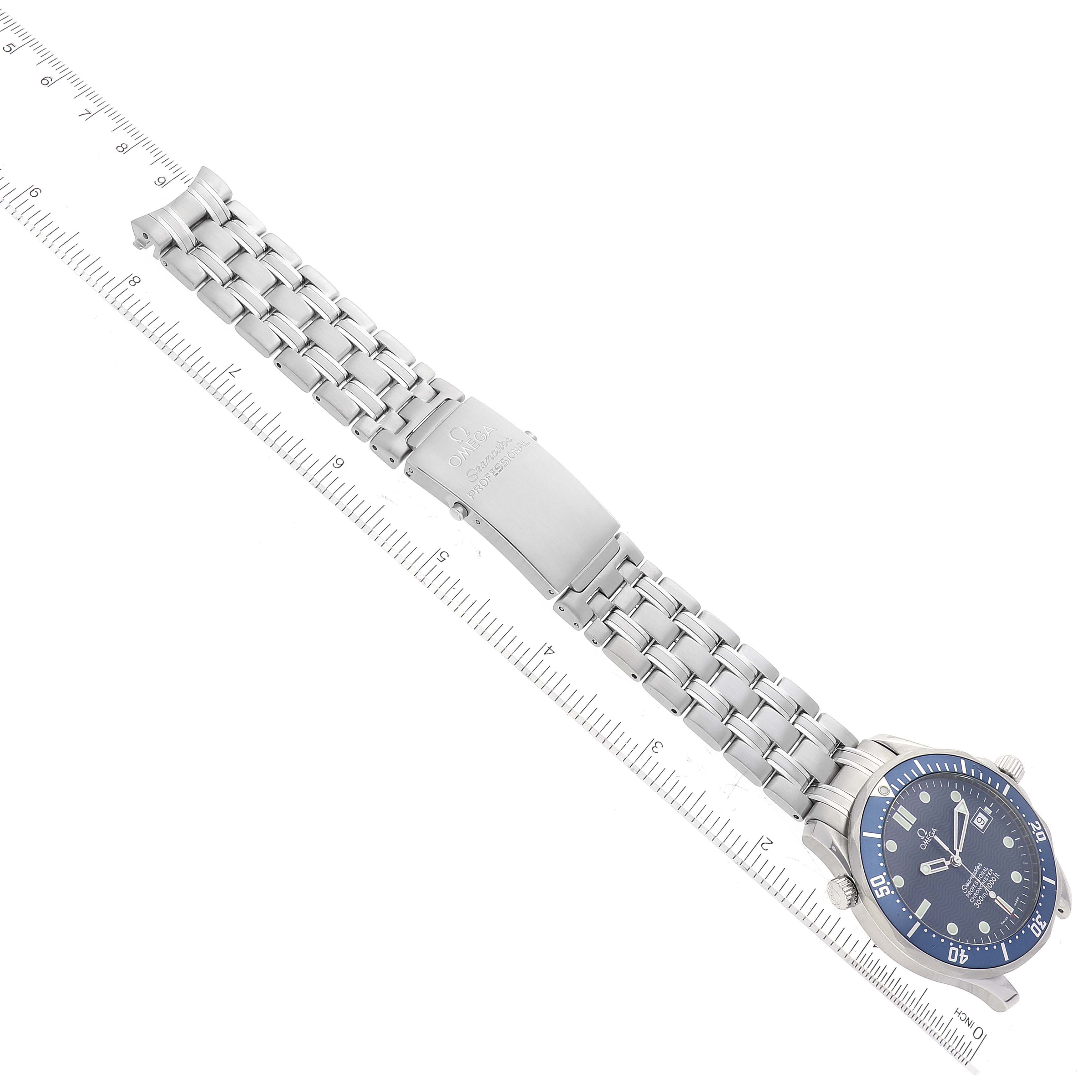 The image shows an overhead view of an Omega Seamaster 2531.80.00 Men's Stainless Steel Blue Dial 2531.80.00 Men's Stainless Steel Blue Dial watch, featuring its blue dial and metal bracelet.