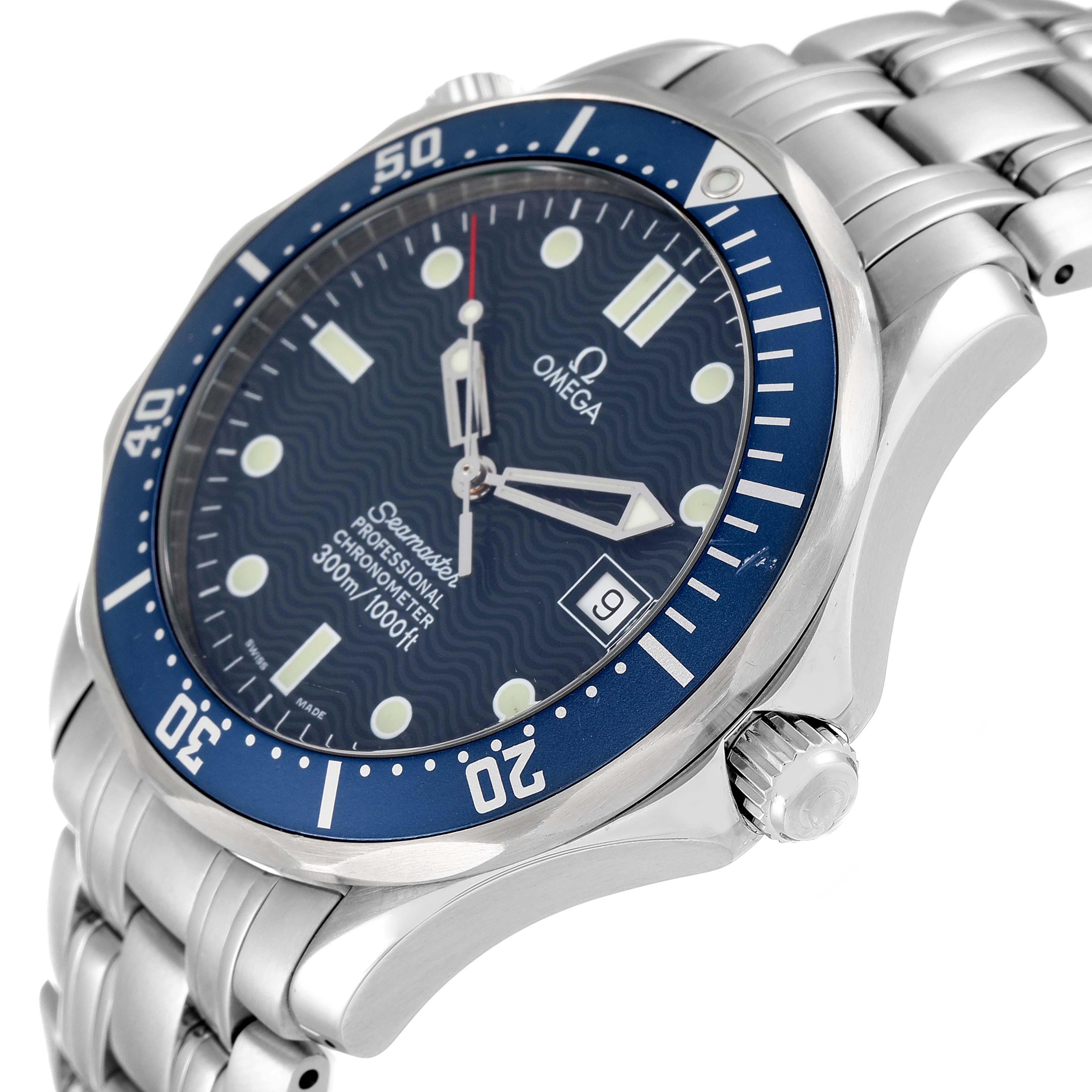 The image shows a side view of the Omega Seamaster 2531.80.00 Men's Stainless Steel Blue Dial 2531.80.00 Men's Stainless Steel Blue Dial watch, highlighting its face, bezel, dial, and crown.