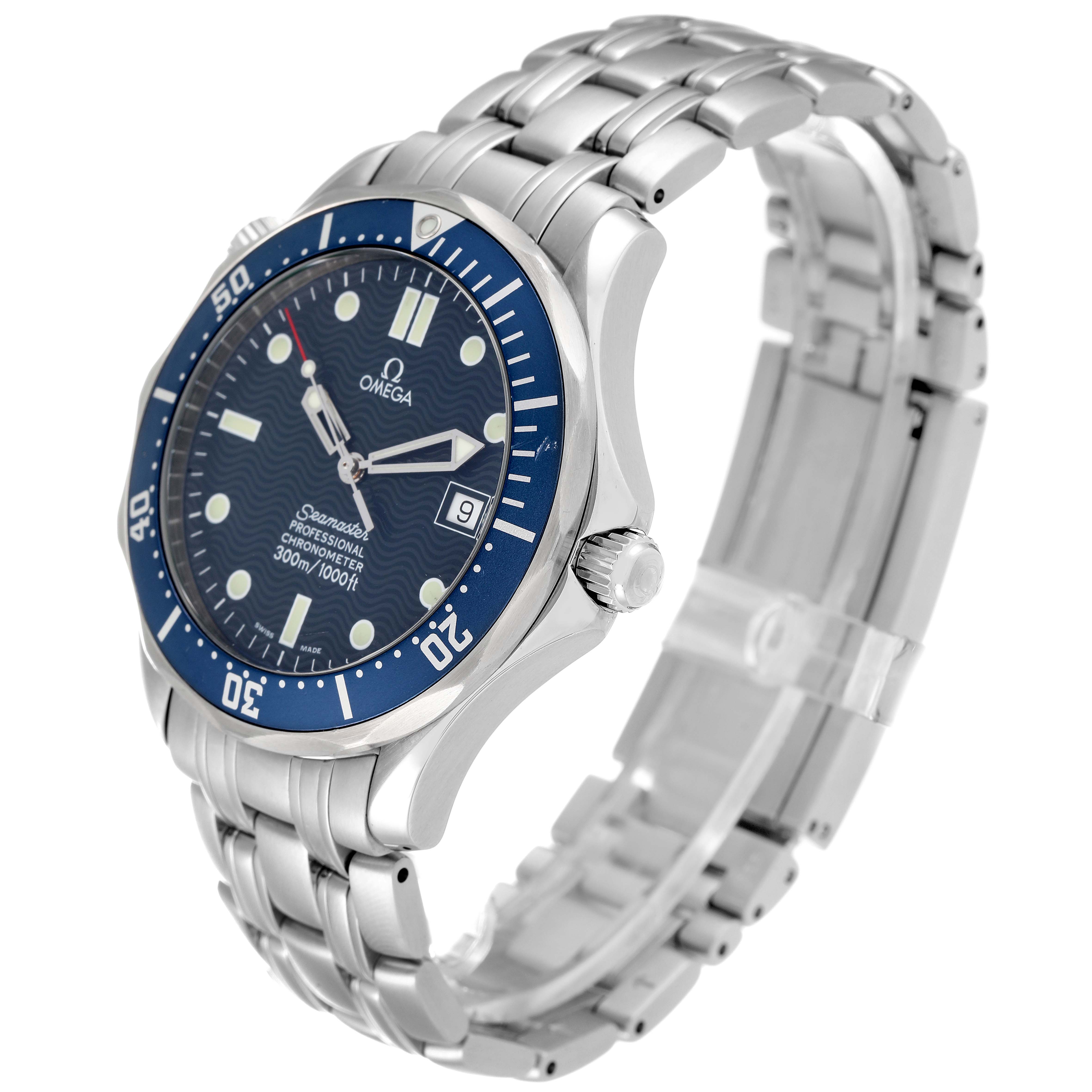 This image shows an Omega Seamaster 2531.80.00 Men's Stainless Steel Blue Dial 2531.80.00 Men's Stainless Steel Blue Dial watch at a slight angle, highlighting the dial, bezel, crown, and metal bracelet.
