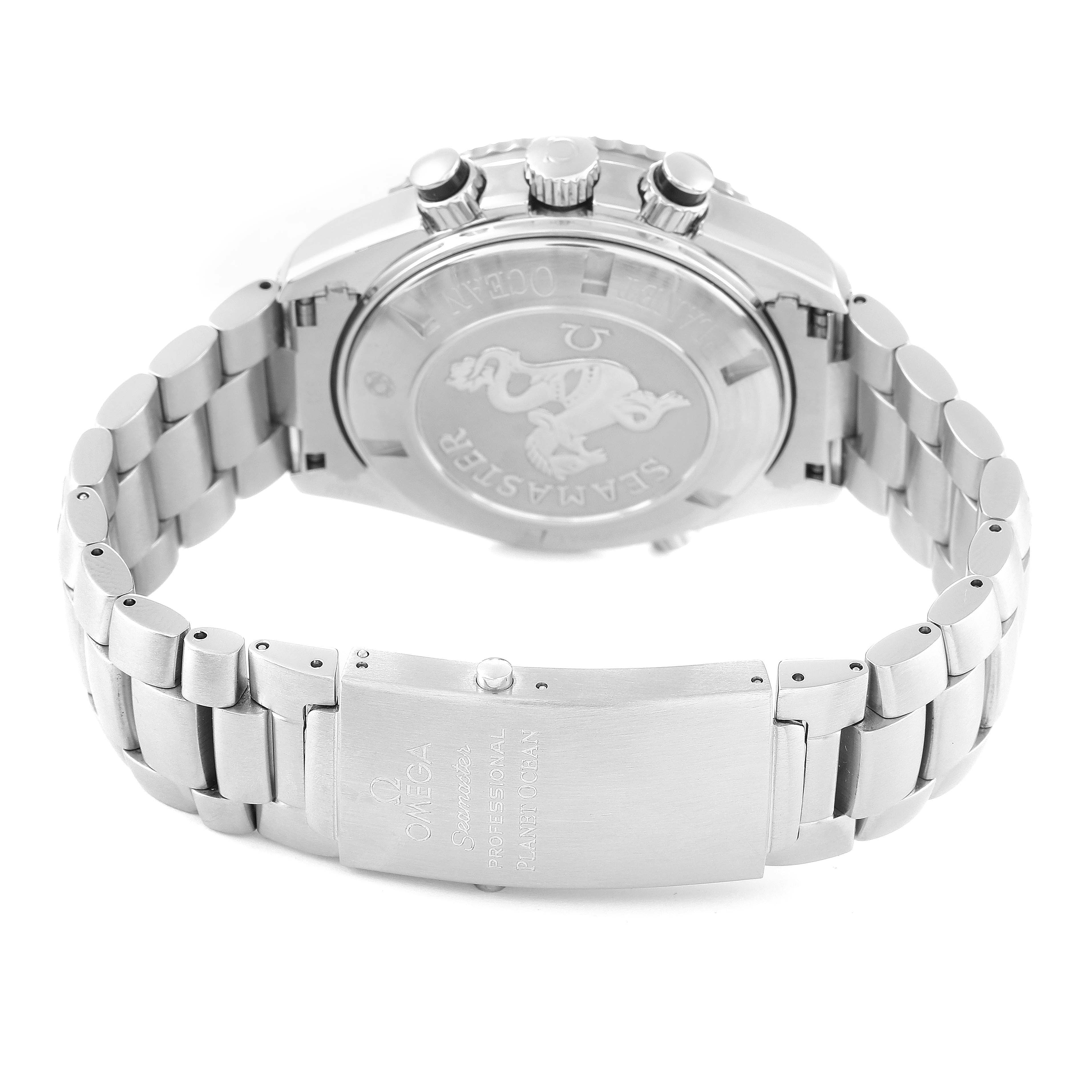 The image shows the back and clasp of an Omega Planet Ocean 2210.50.00 Men
s Stainless Steel Black Dial 2210.50.00 Men
s Stainless Steel Black Dial watch, highlighting the bracelet and case back engravings.