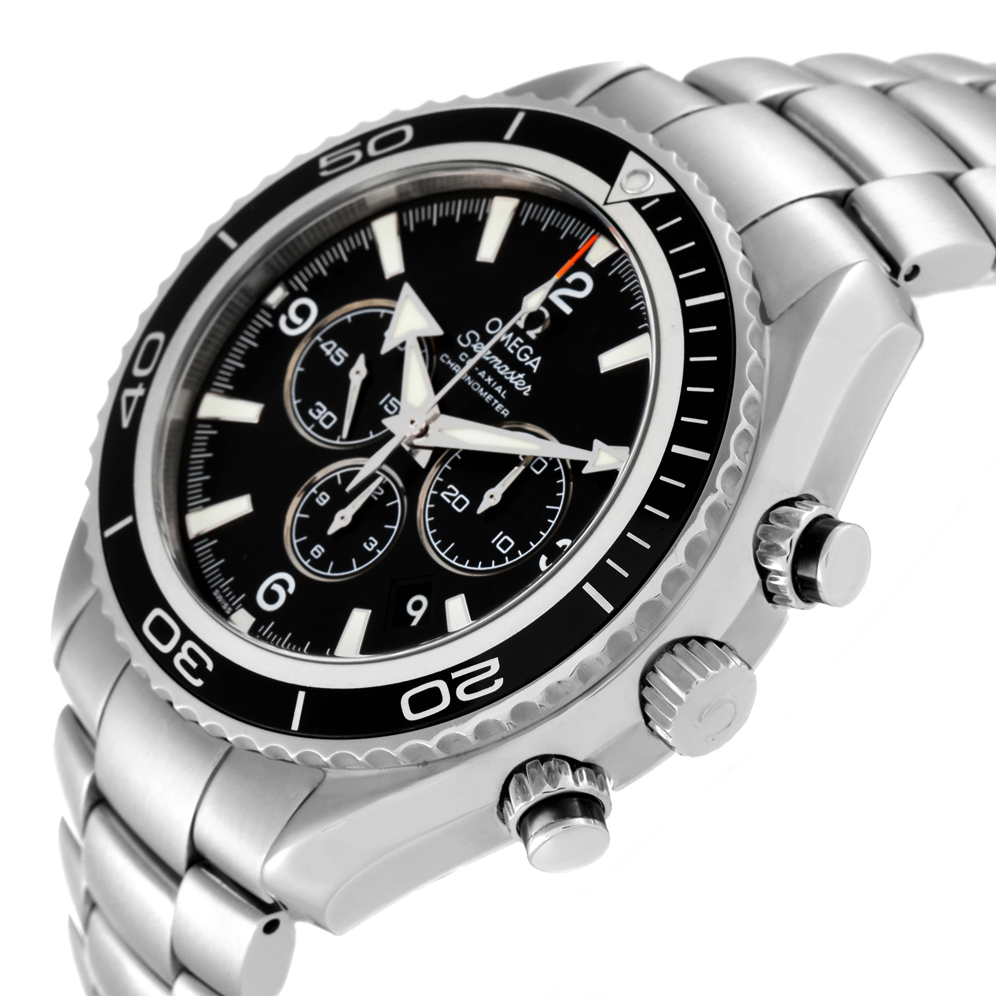 This image shows an Omega Planet Ocean 2210.50.00 Men
s Stainless Steel Black Dial 2210.50.00 Men
s Stainless Steel Black Dial model watch at a side angle, highlighting its bezel, crown, dial, and bracelet.